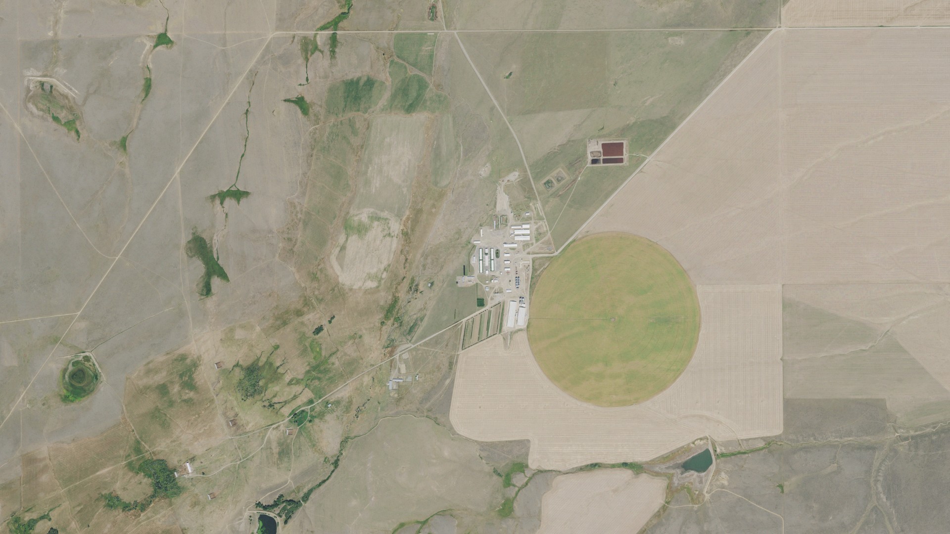 Natural-color aerial photograph of land around Springdale Colony, Montana
