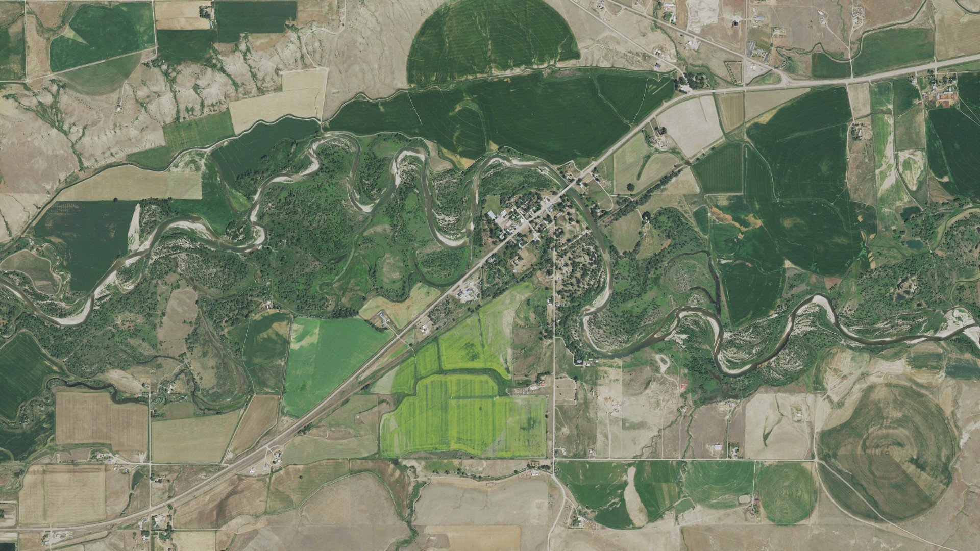 Natural-color aerial photograph of land around Sun River, Montana