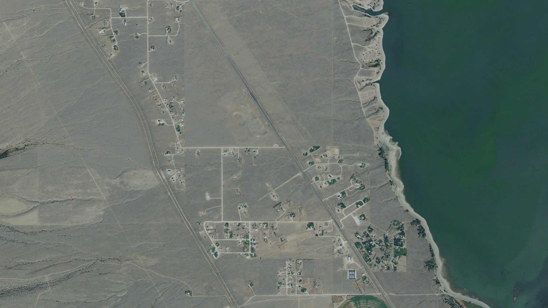 Natural-color aerial photograph of land around The Silos, Montana