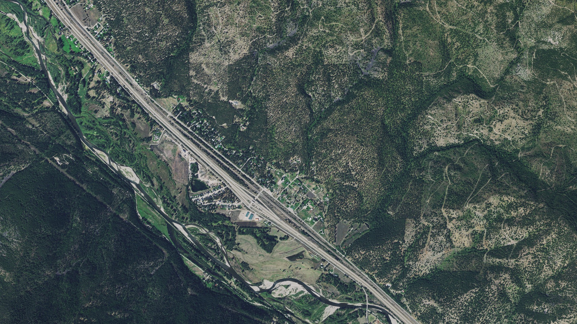 Natural-color aerial photograph of land around Turah, Montana