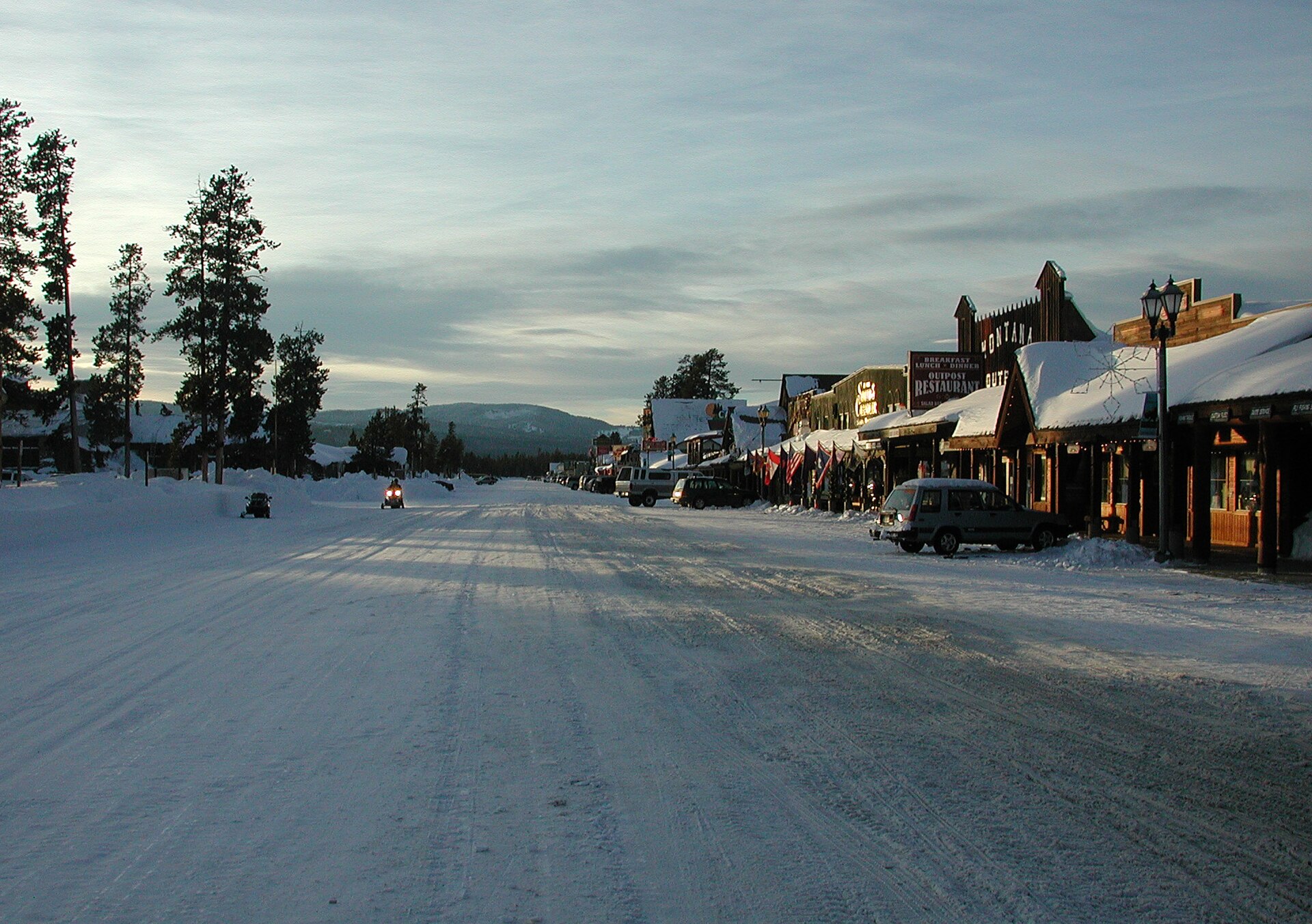 Yellowstone Avenue in West Yellowstone, Montana, looking west near sundown