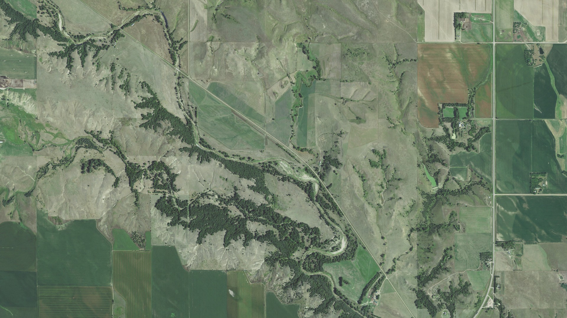 Aerial view of land around Spencer, Nebraska