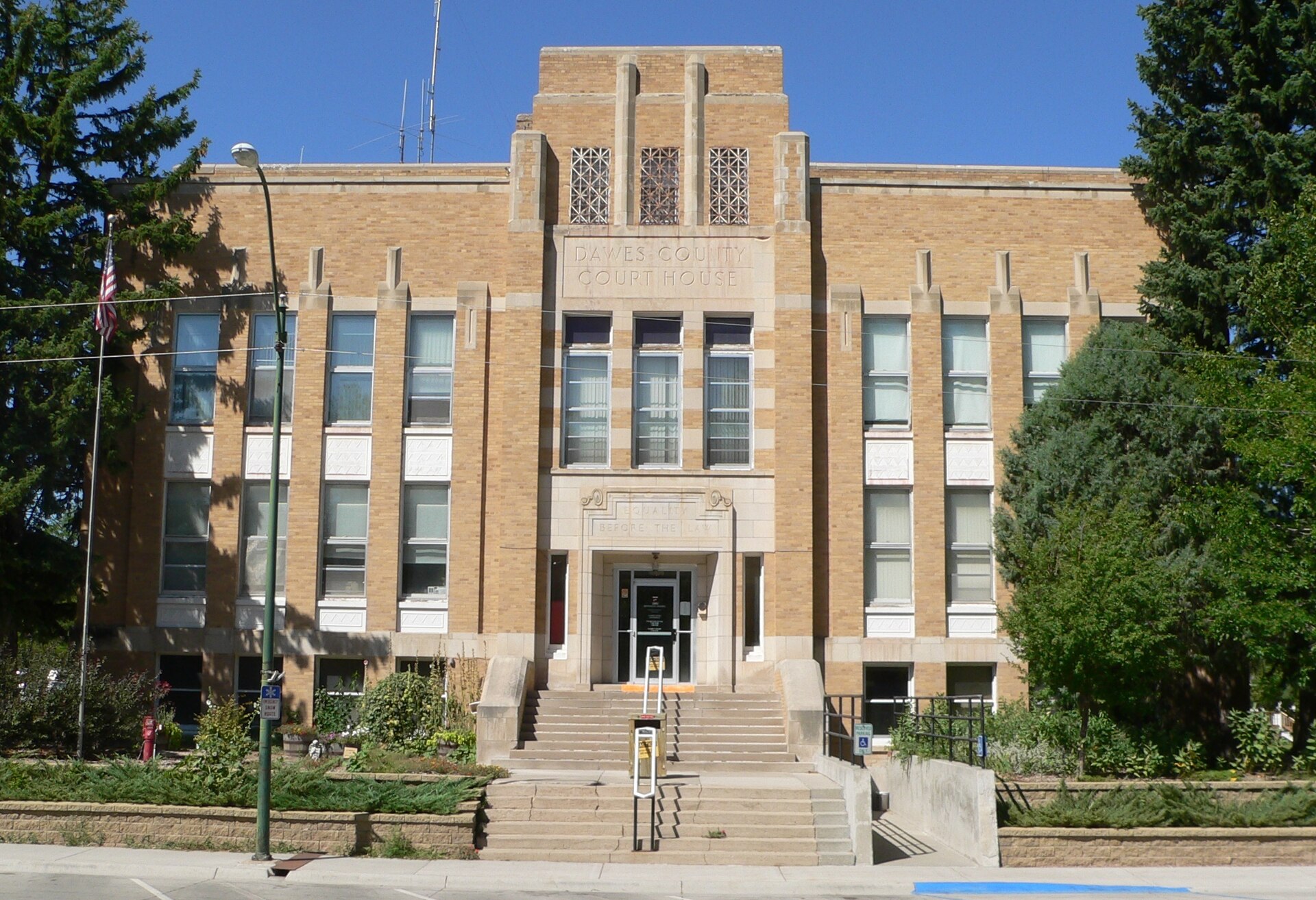 Dawes County Courthouse in Chadron, Nebraska; seen from the east. The Art Deco building was constructed in 1936. It is listed in the National Register of Historic Places.