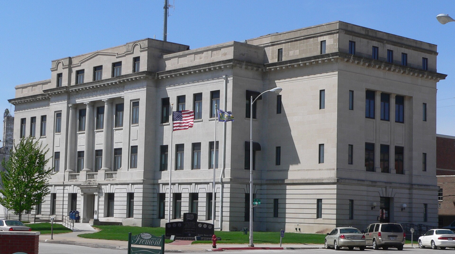 Dodge County Courthouse in Fremont, Nebraska; seen from the northeast. The Classical Revival building was constructed in 1917. It is listed in the National Register of Historic Places.