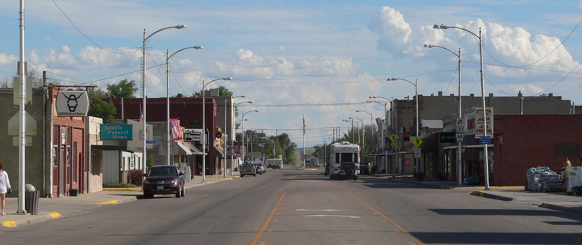 Downtown Bridgeport, Nebraska: Main Street, looking south from about 8th Street.