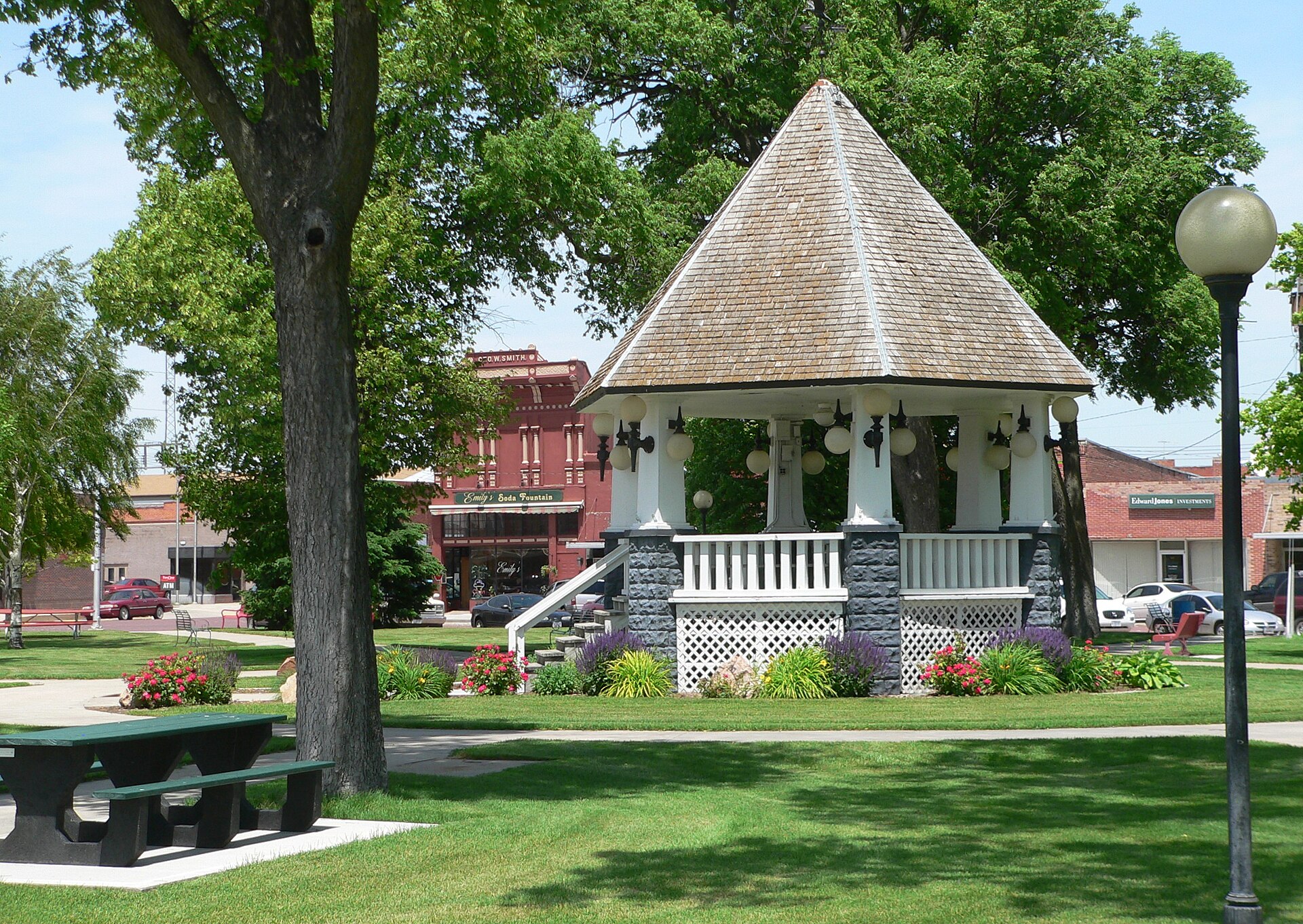 Bandstand in public square in downtown Broken Bow, Nebraska; seen from the east.