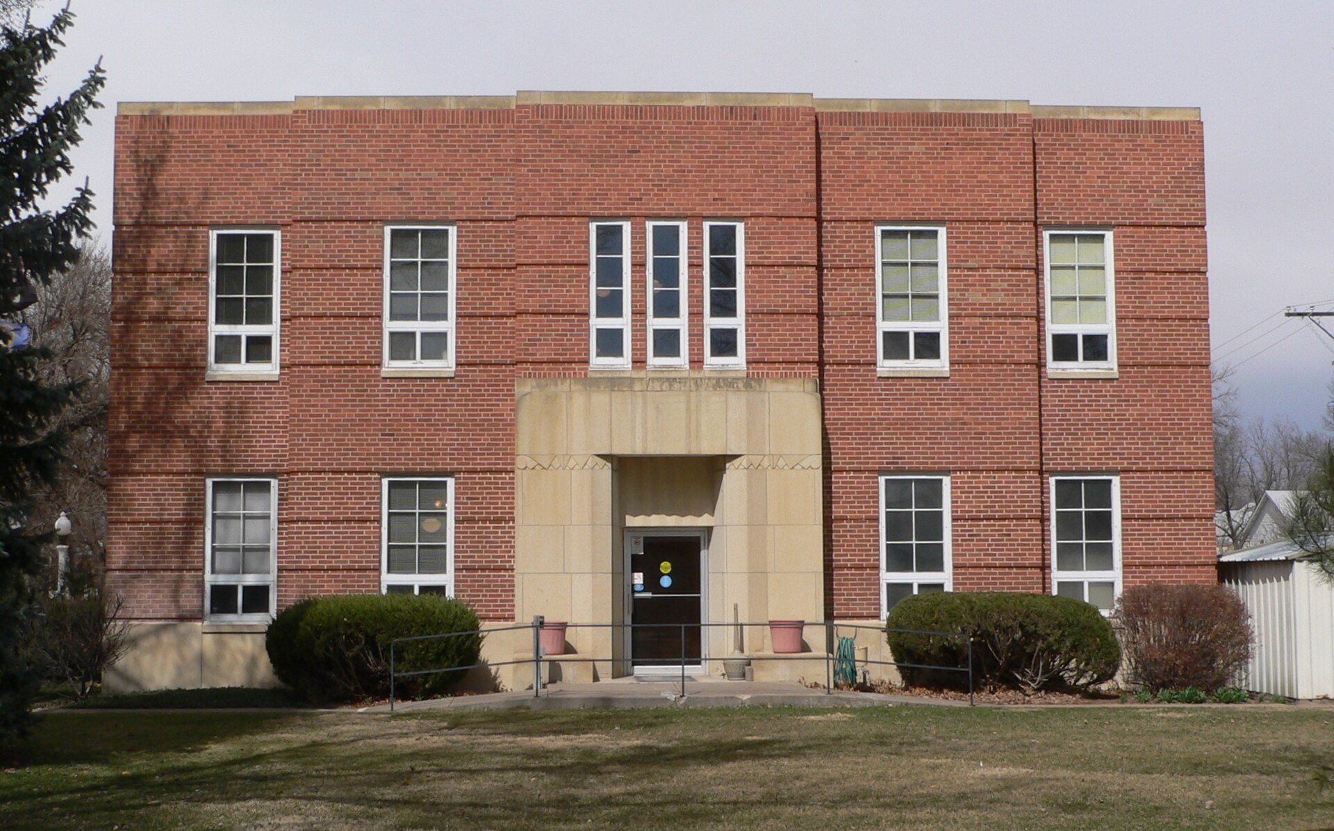 Gosper County Courthouse in Elwood, Nebraska; seen from the south. The 1939 Art Deco building is listed in the National Register of Historic Places.