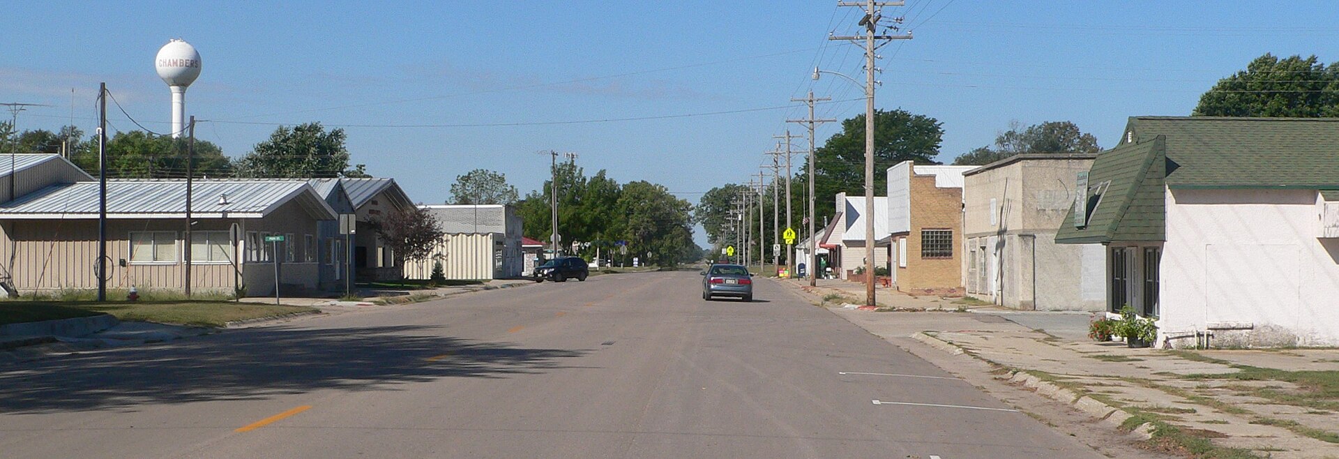 Downtown Chambers, Nebraska. Camera is facing westward down Nebraska Highway 95.