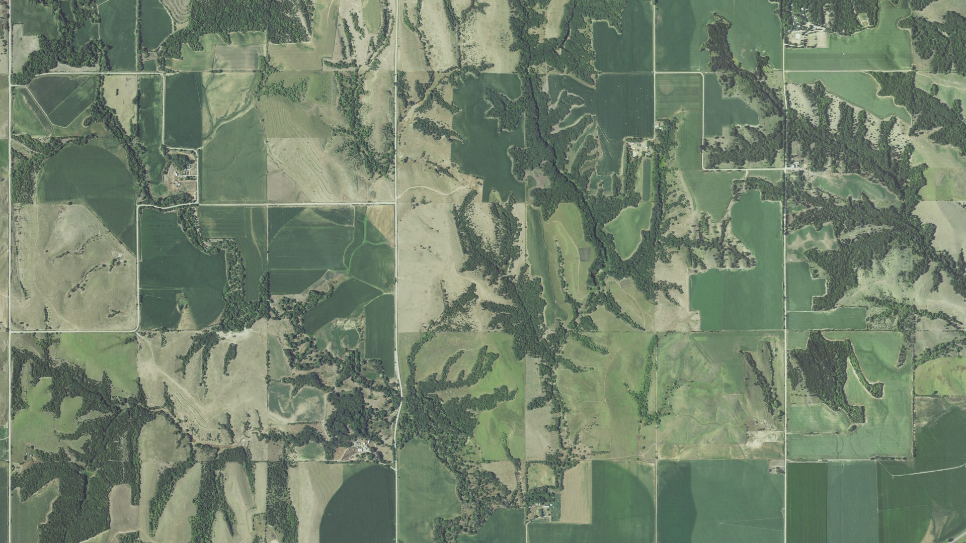 Aerial view of land around Council Creek, Nebraska