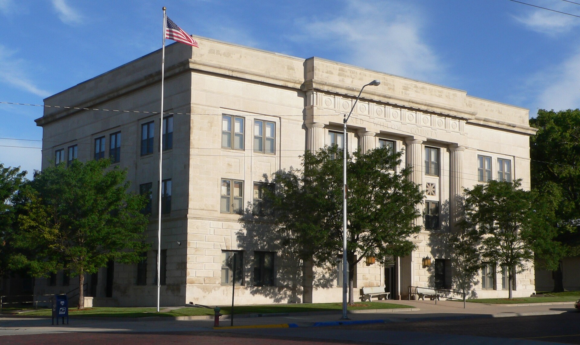 Red Willow County Courthouse in McCook, Nebraska; seen from the southeast. The Classical Revival building was constructed in 1926. It is listed in the National Register of Historic Places.