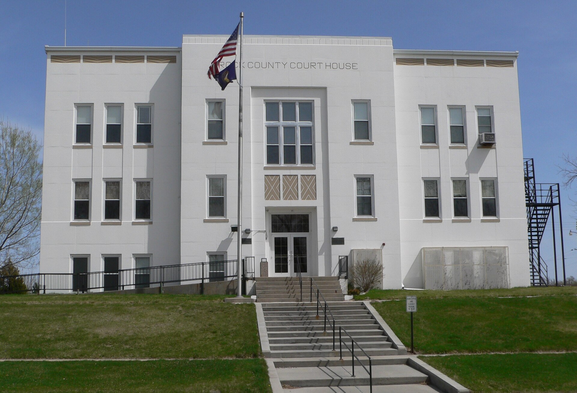 Rock County Courthouse in Bassett, Nebraska; seen from the west. The Art Deco building was constructed in 1940, and is listed in the National Register of Historic Places.