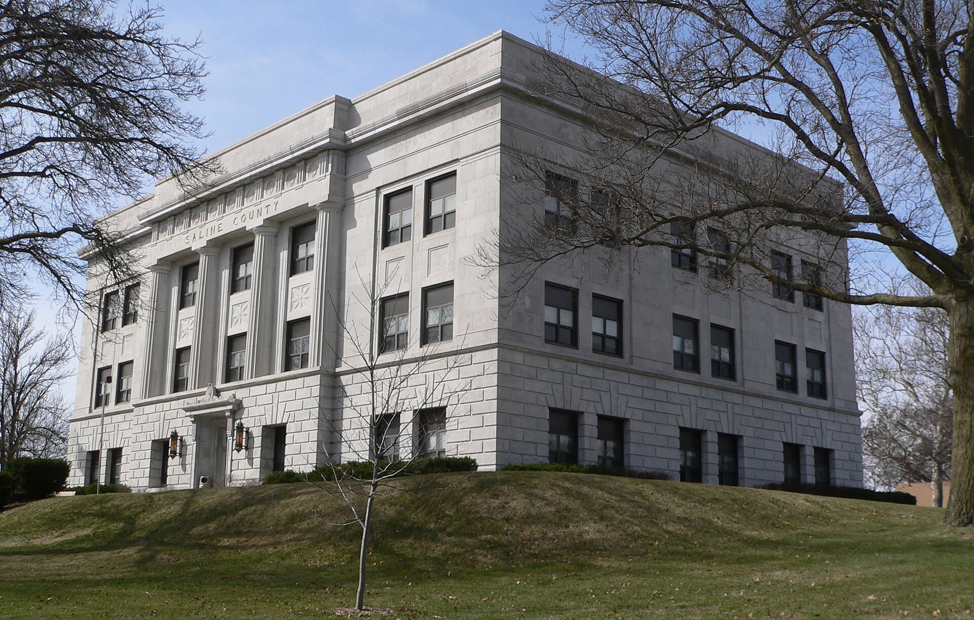 Saline County Courthouse in Wilber, Nebraska; seen from the northeast. The Classical Revival building was constructed in 1928, and is listed in the National Register of Historic Places.