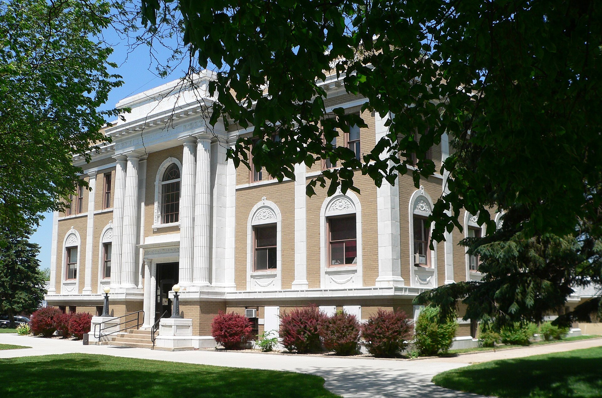 Sherman County Courthouse in Loup City, Nebraska; seen from the southeast. The Beaux-Arts building was constructed in 1920. It is listed in the National Register of Historic Places.