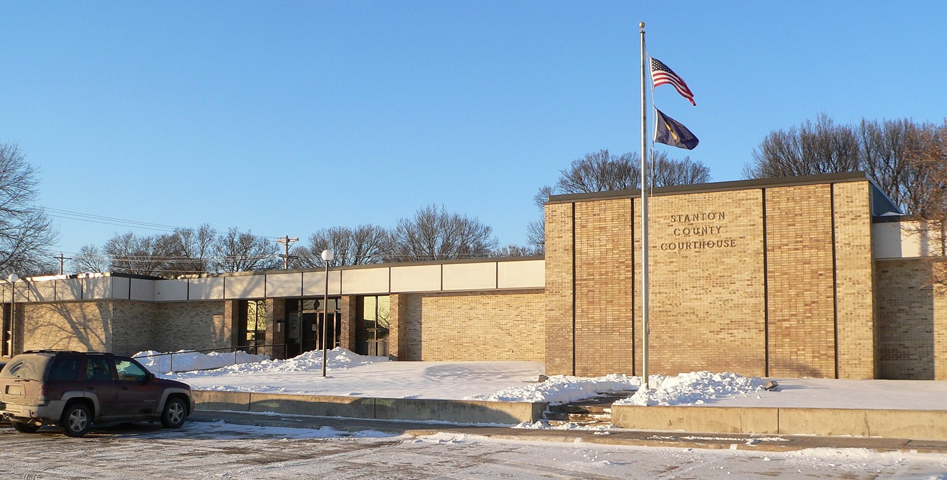 Stanton County Courthouse in Stanton, Nebraska; seen from the south. The building was designed by architect Everett J. Simpson and constructed in 1976.
