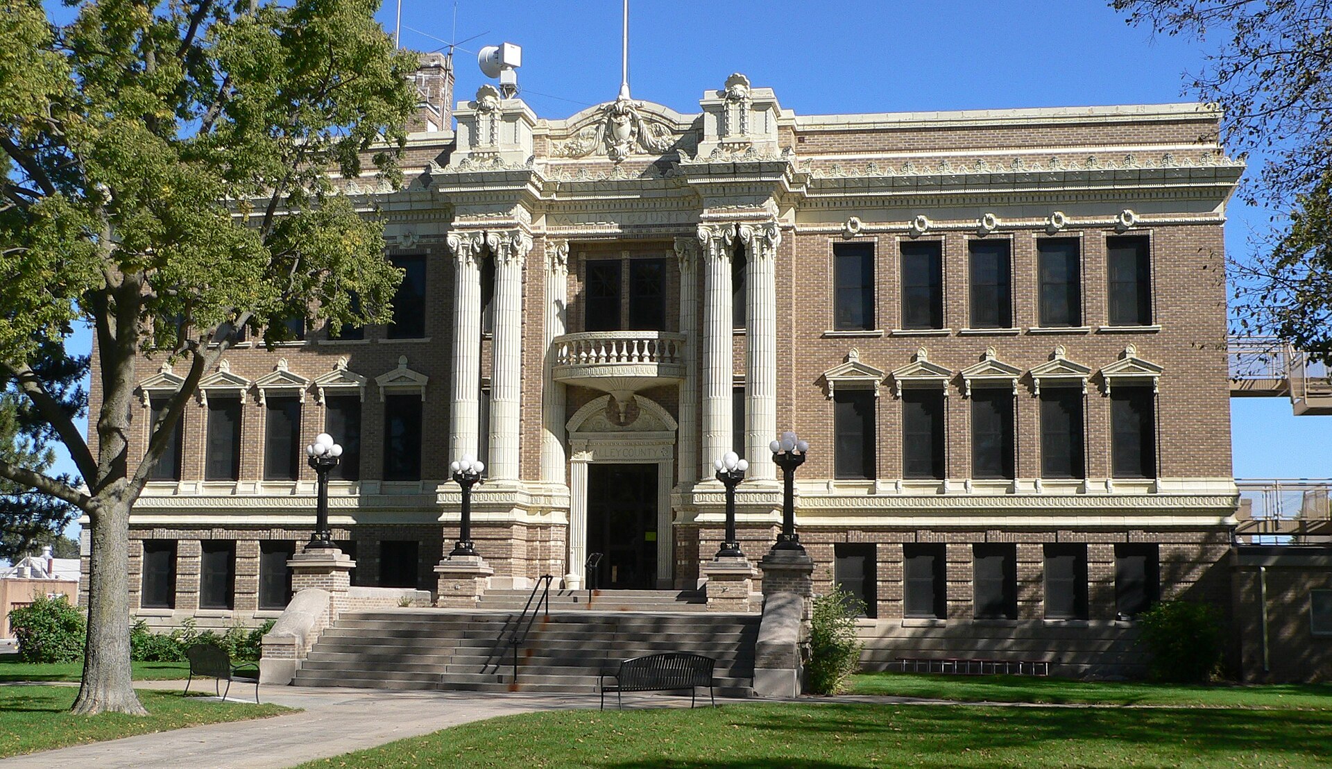 Valley County Courthouse in Ord, Nebraska; seen from the west. The Beaux-Arts building was constructed in 1920. It is listed in the National Register of Historic Places.