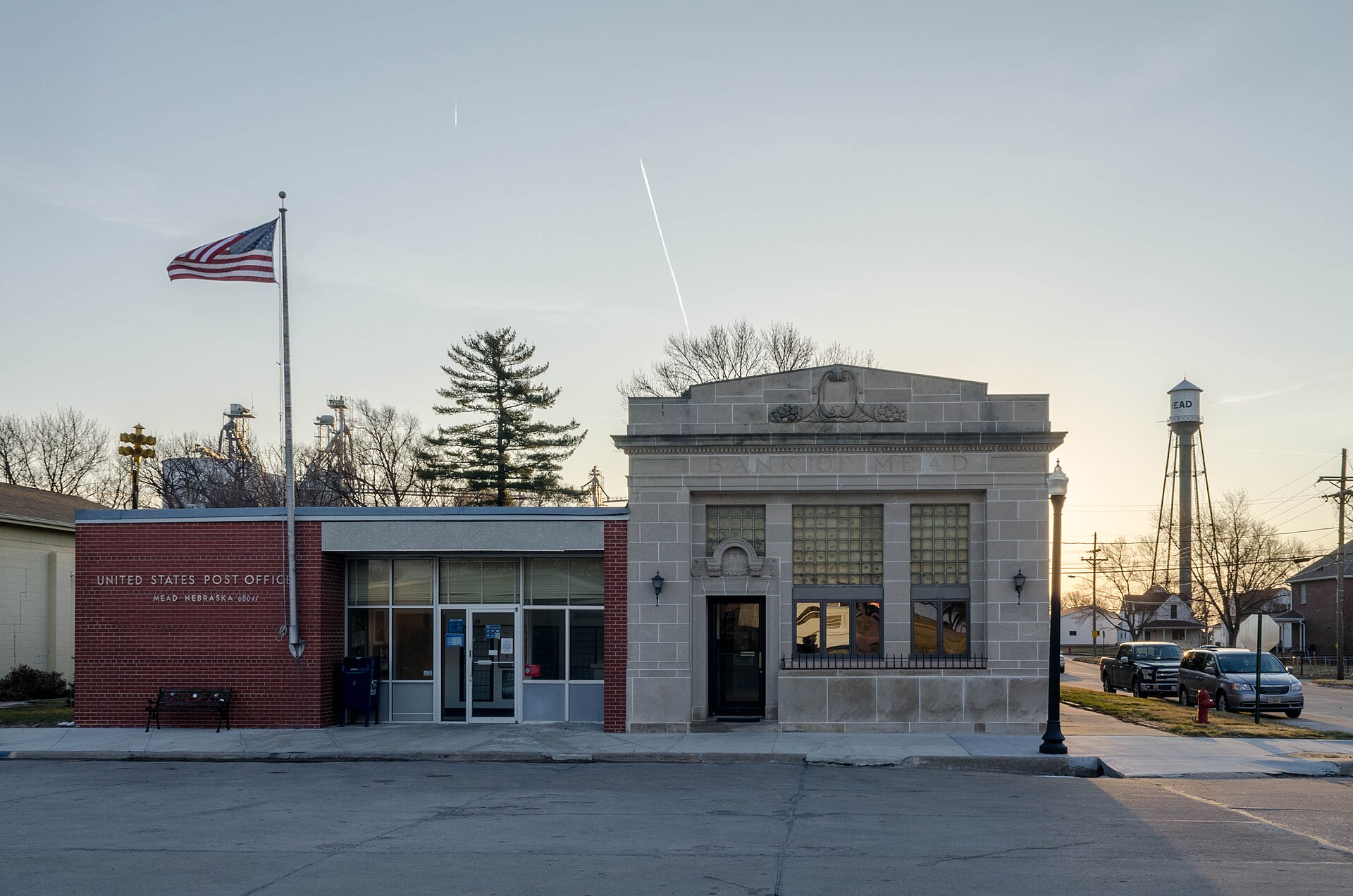 Mead, Nebraska water tower, bank, and post office.