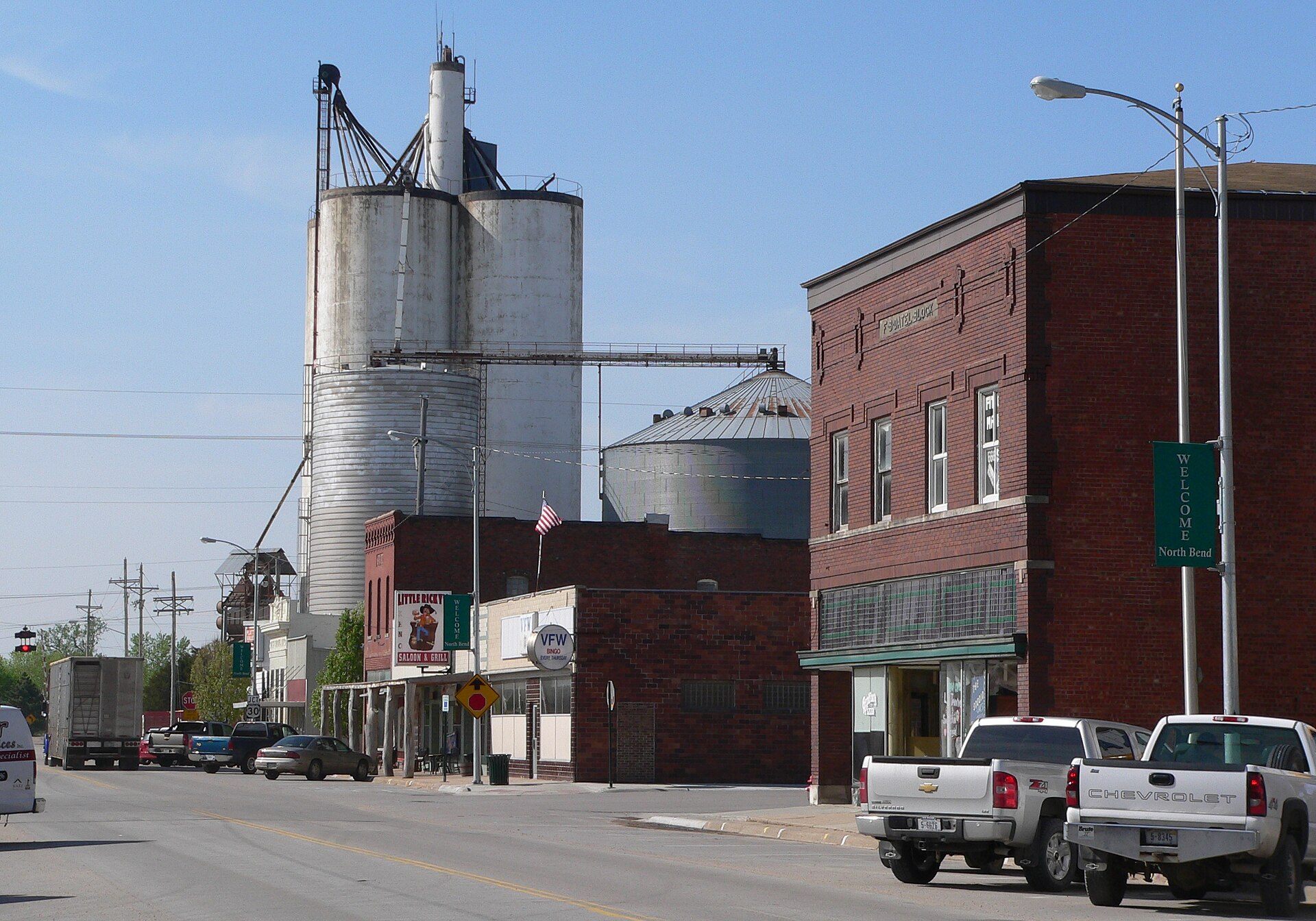 West side of Main Street in North Bend, Nebraska: facing south-southwest from a point on Main between 7th and 8th Streets.