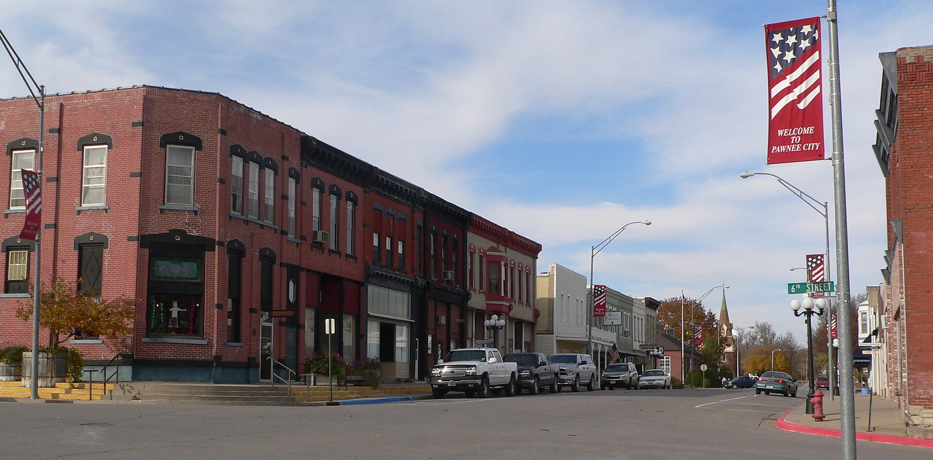 Pawnee City, Nebraska: west side of G Street, looking northwest from about 6th Street.
