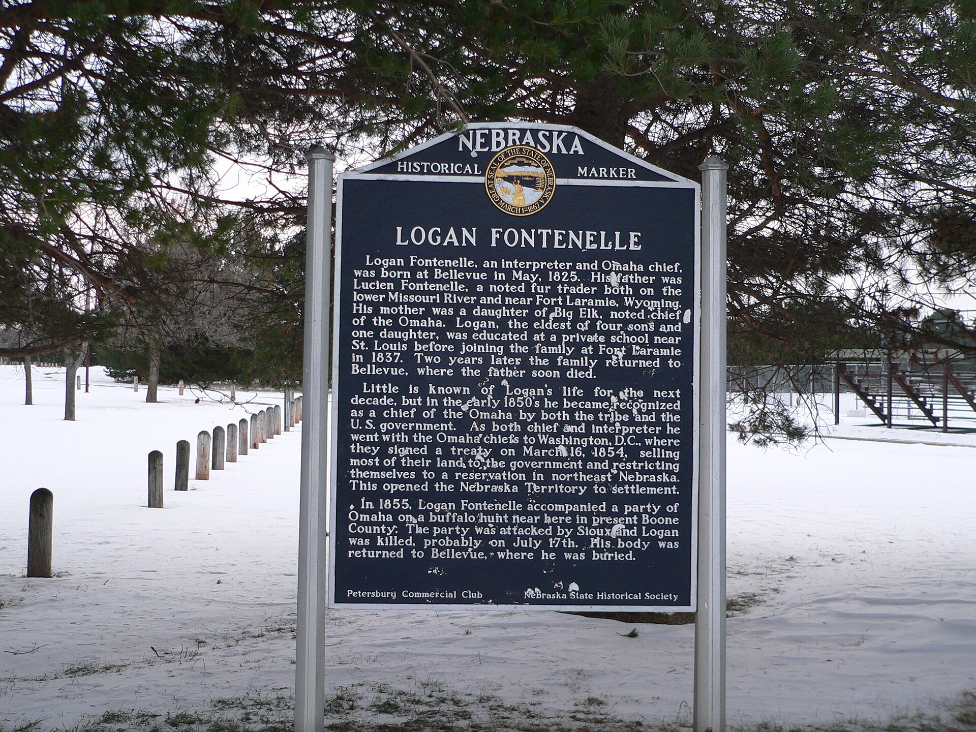 Nebraska historical marker in Petersburg, Nebraska, commemorating the nearby death of Omaha chief Logan Fontenelle in 1855.