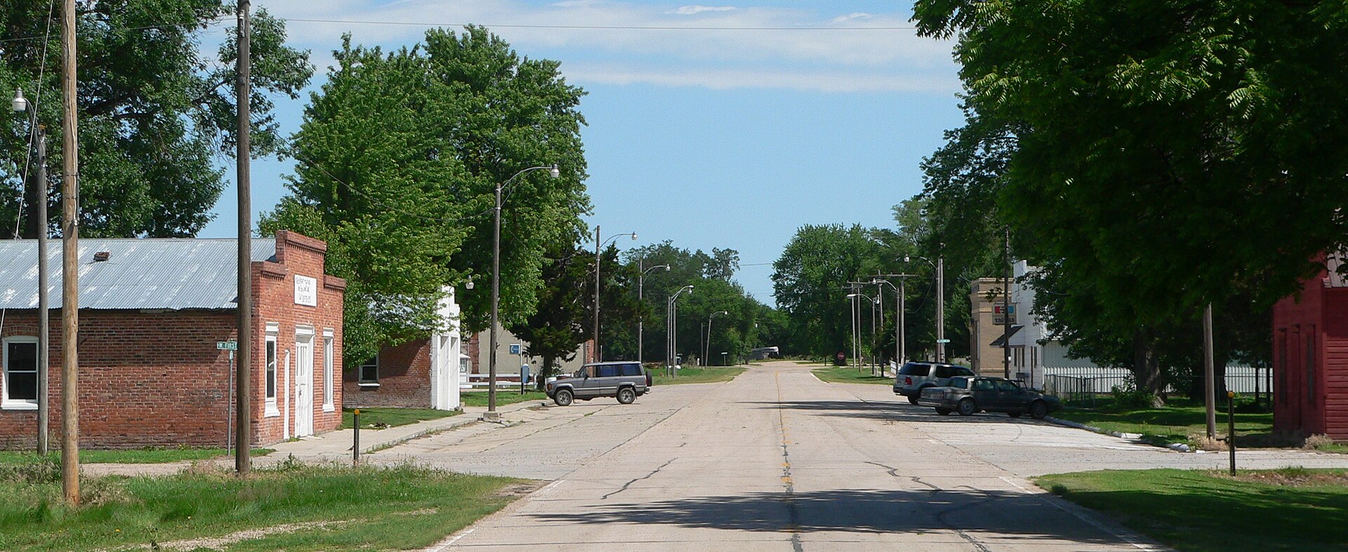 Downtown Rockville, Nebraska: Ley Street, looking northward from south of First Street.