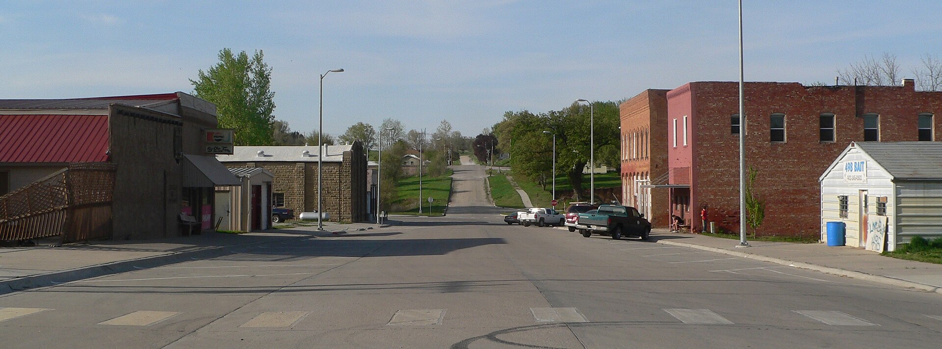 Downtown Rulo, Nebraska: 1st Street, looking generally northward from Rouleau Street.