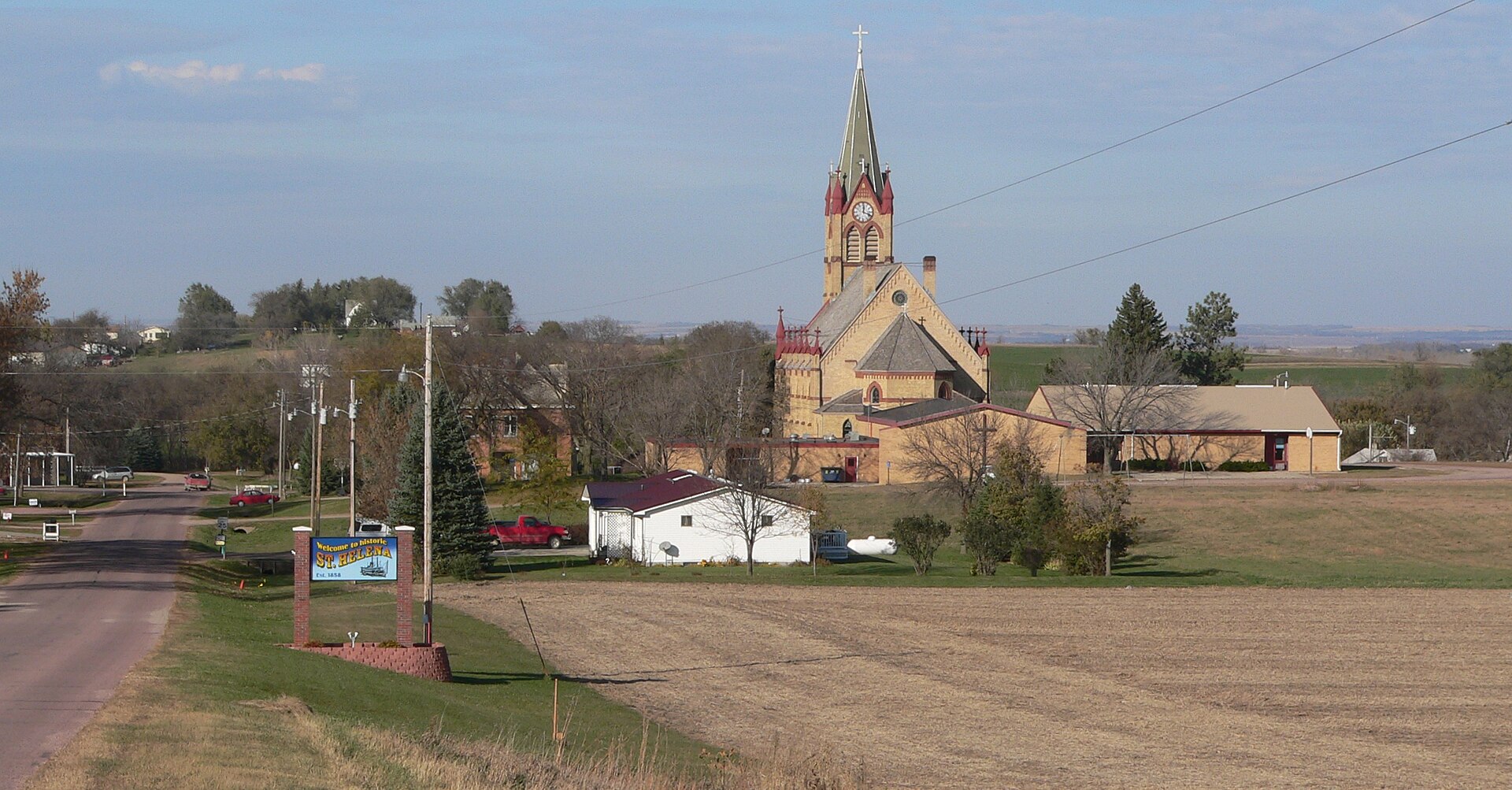 St. Helena, Nebraska, seen from the south. In the center is Immaculate Conception Church.