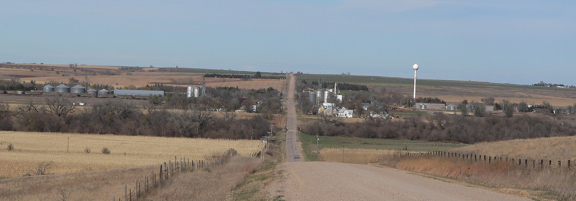 Stamford, Nebraska, seen from the south. The line of trees in the foreground is along Sappa Creek.