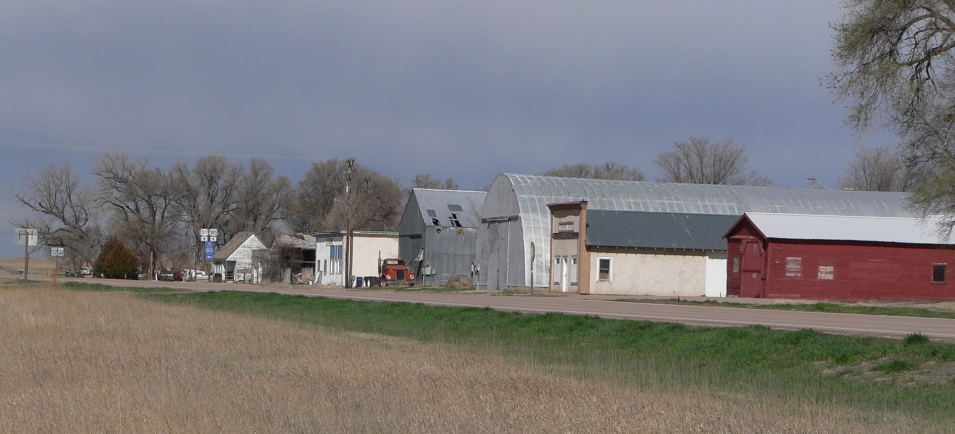 Downtown Sunol, Nebraska; in the foreground is U.S. Highway 30/U.S. Highway 385. Camera is facing northwest.