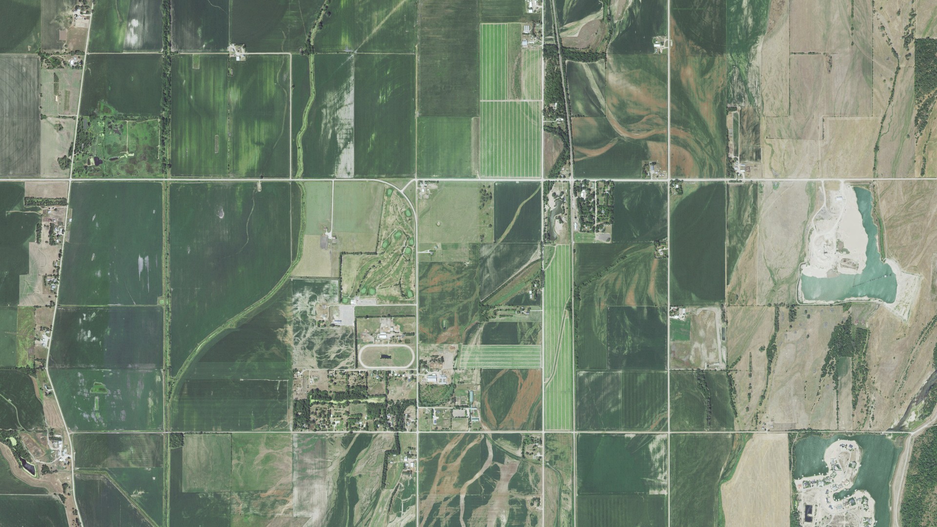 Natural-color aerial photograph of land around Wann, Nebraska
