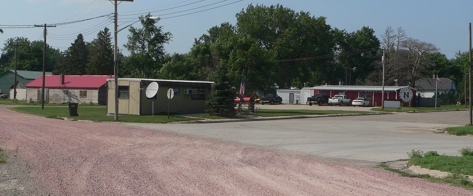 Downtown Waterbury, Nebraska. Camera is facing generally northwest from the triple junction of Garrett, 2nd, and Logan Streets.