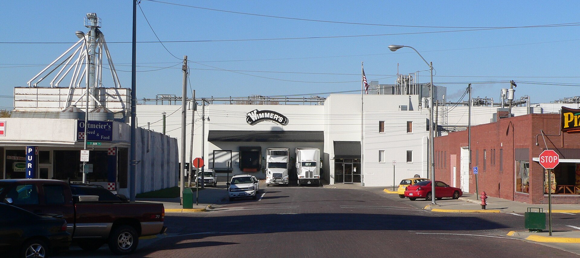 Wimmer's plant in West Point, Nebraska. The camera is facing west on Grant Street; the stop-sign is at Grant and Main.