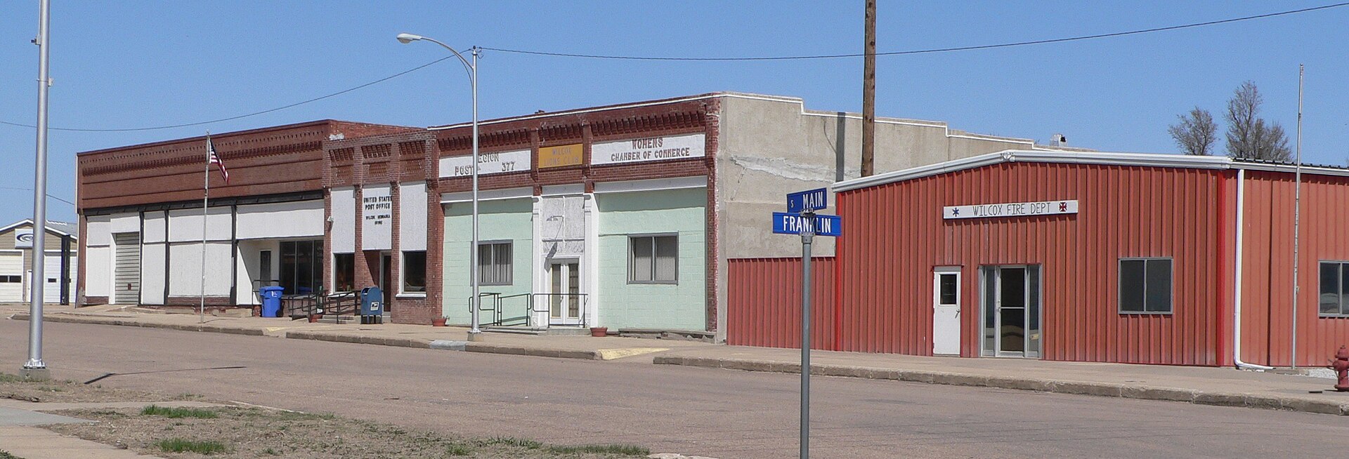 Downtown Wilcox, Nebraska, looking northeast from the corner of Main and Franklin Streets.