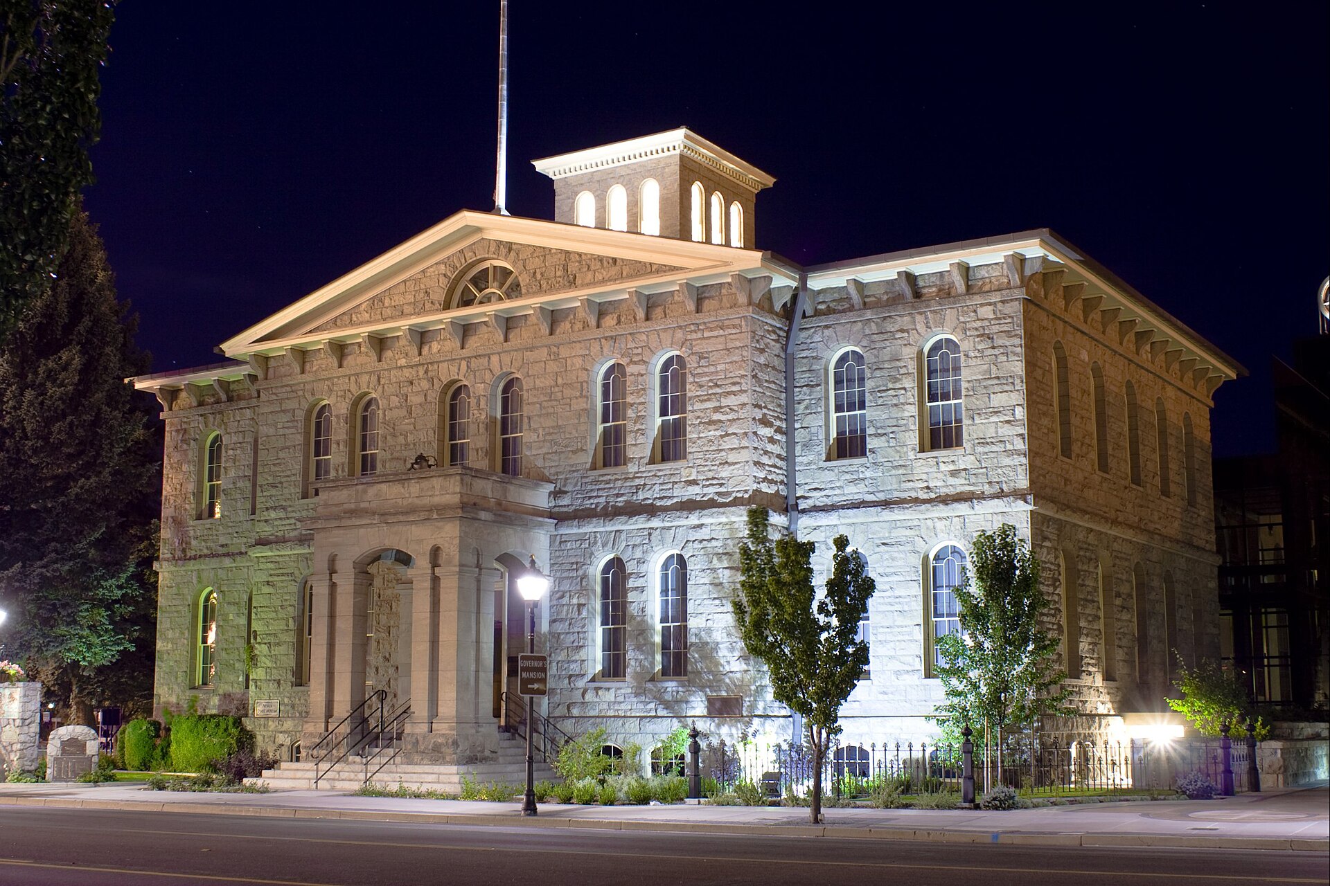 The Nevada State Museum, in Carson City, Nevada, at night.