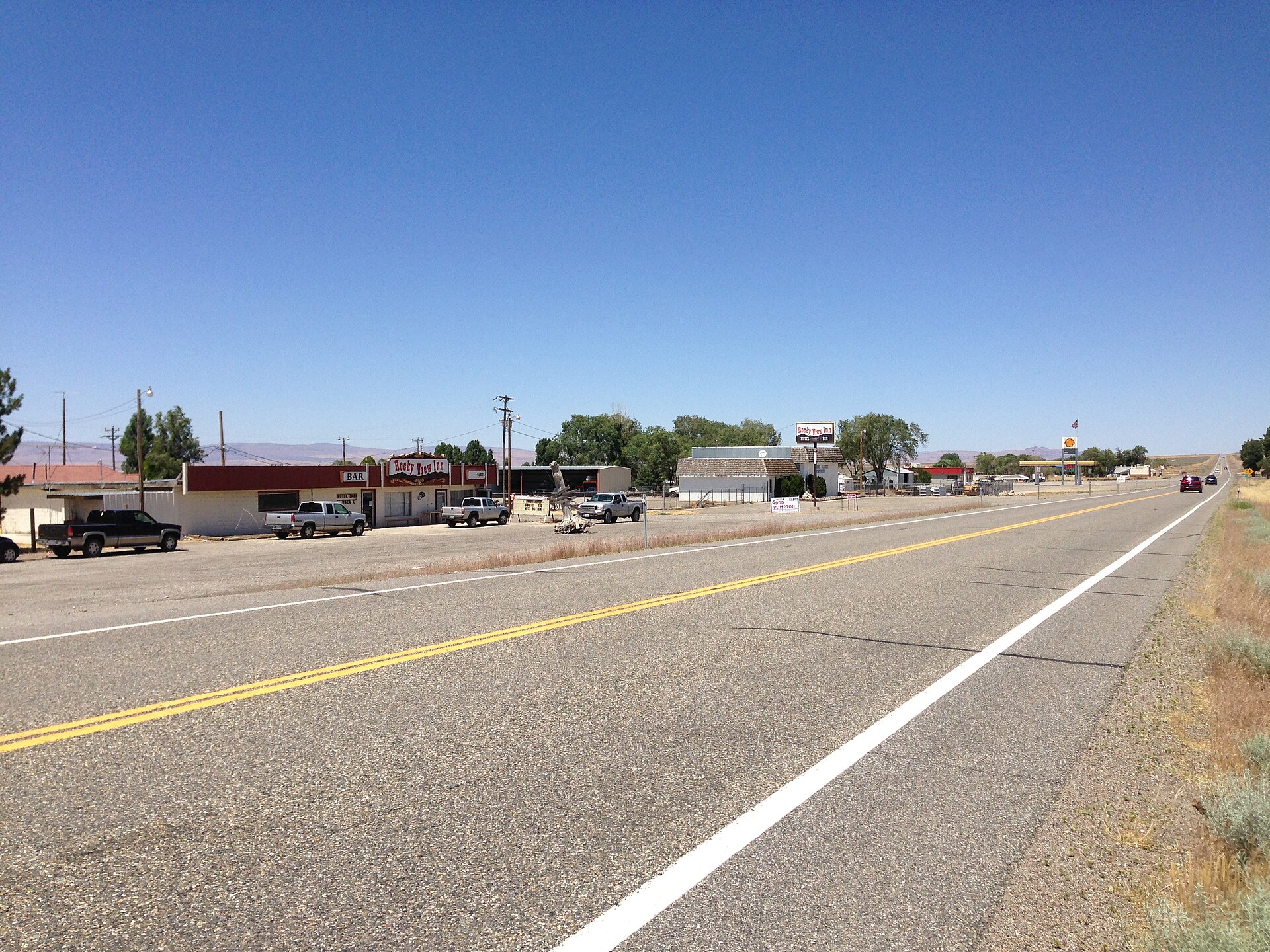 Buildings along U.S. Route 95 about 44.8 miles north of the junction with Interstate 80 in Orovada, Nevada