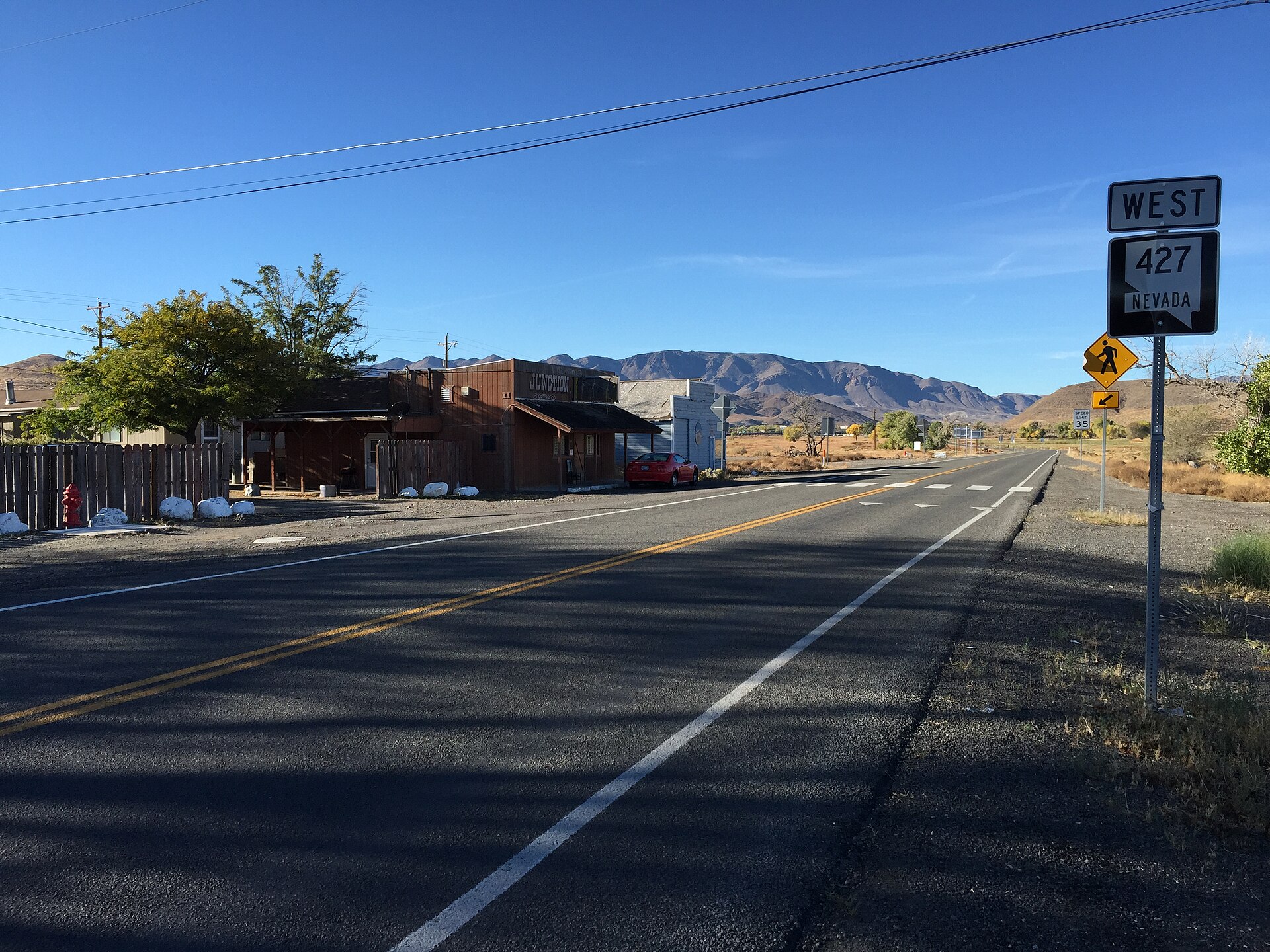 View west along Main Street (Nevada State Route 427) at the intersection with Washeim Street (Nevada State Route 447) in Wadsworth, Nevada