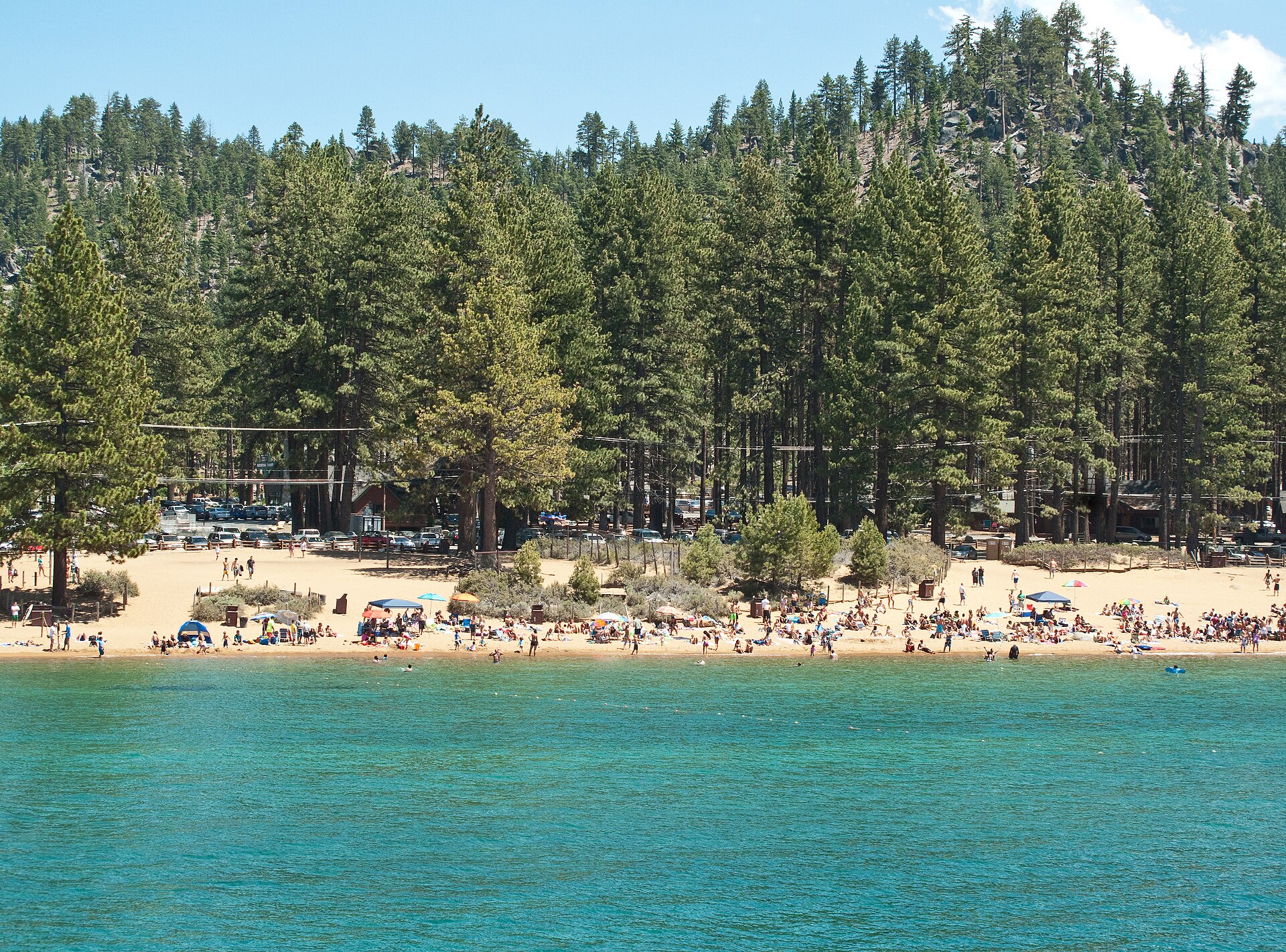 People on the beach at Zephyr Cove, on the Nevada (eastern) side of Lake Tahoe.