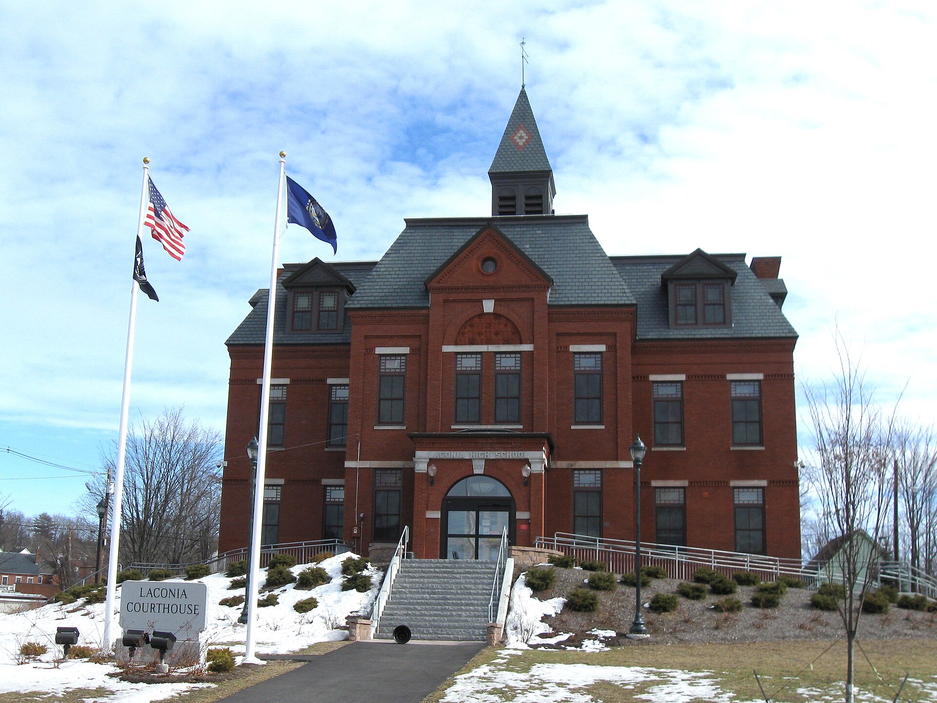 Laconia District Court — on Academy Square in Laconia, Belknap County, New Hampshire. The tall brick building is on the National Register of Historic Places. Photo by Ken Gallager, February 15, 2010.