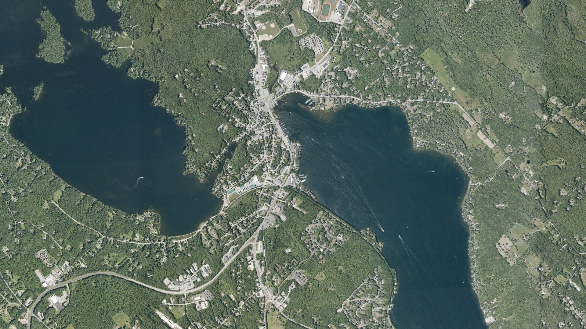 Natural-color aerial photograph of land around Meredith, New Hampshire
