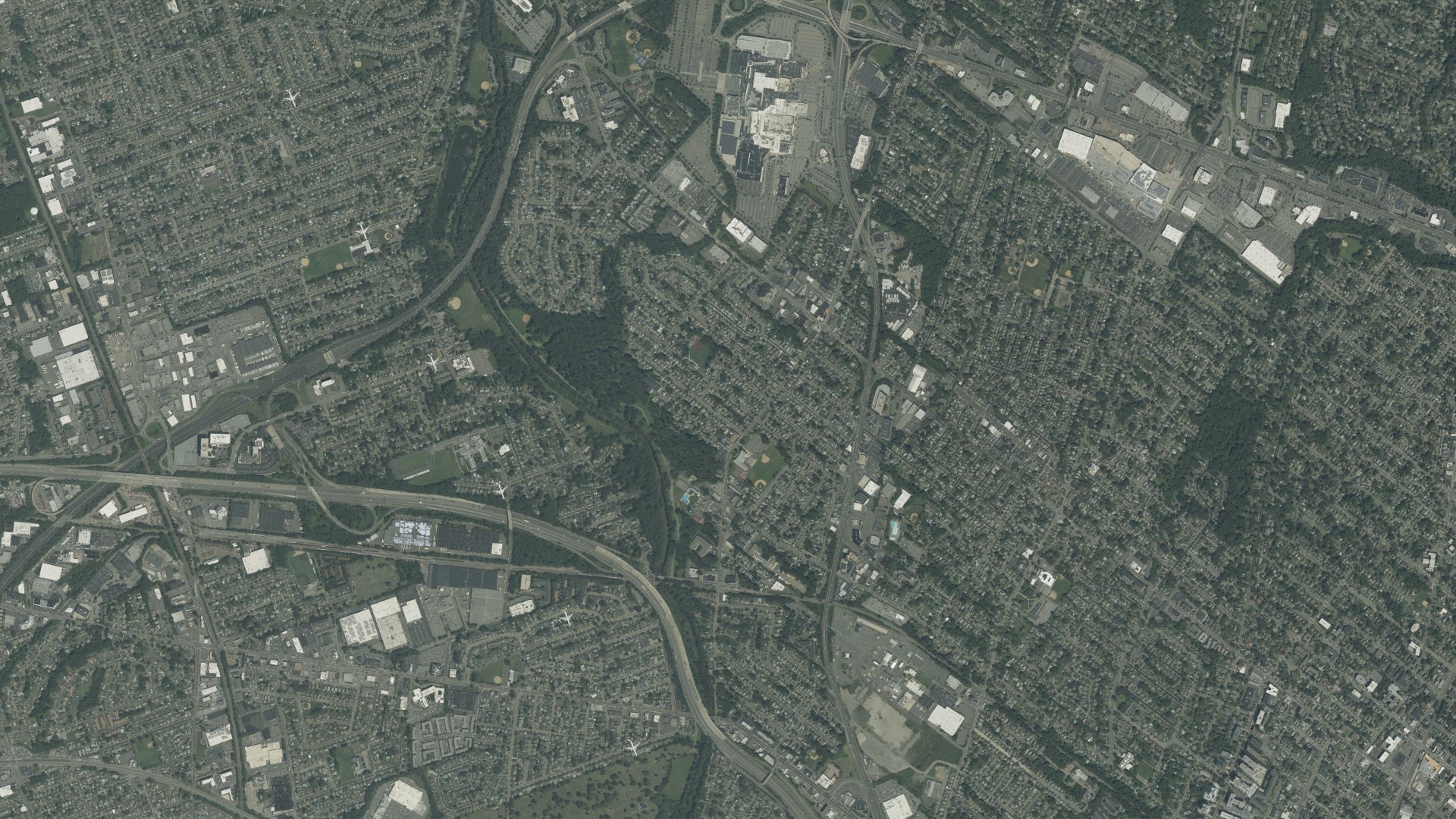 Natural-color aerial photograph of land around Rochelle Park, New Jersey