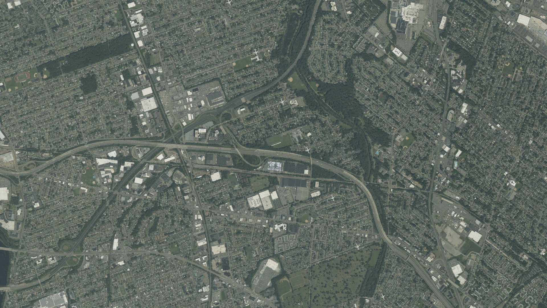 Natural-color aerial photograph of land around Saddle Brook, New Jersey