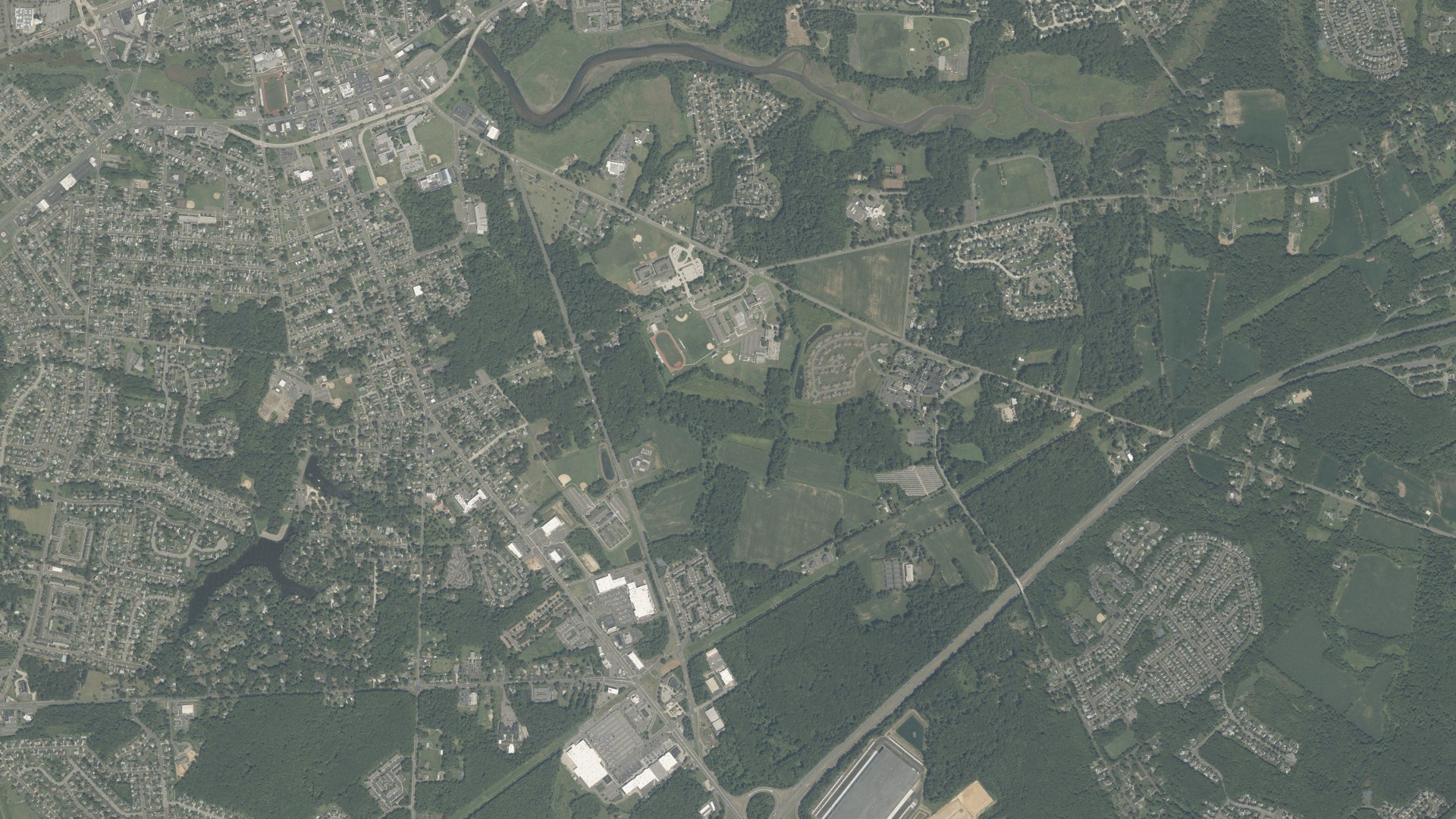 Natural-color aerial photograph of land around Burlington, New Jersey