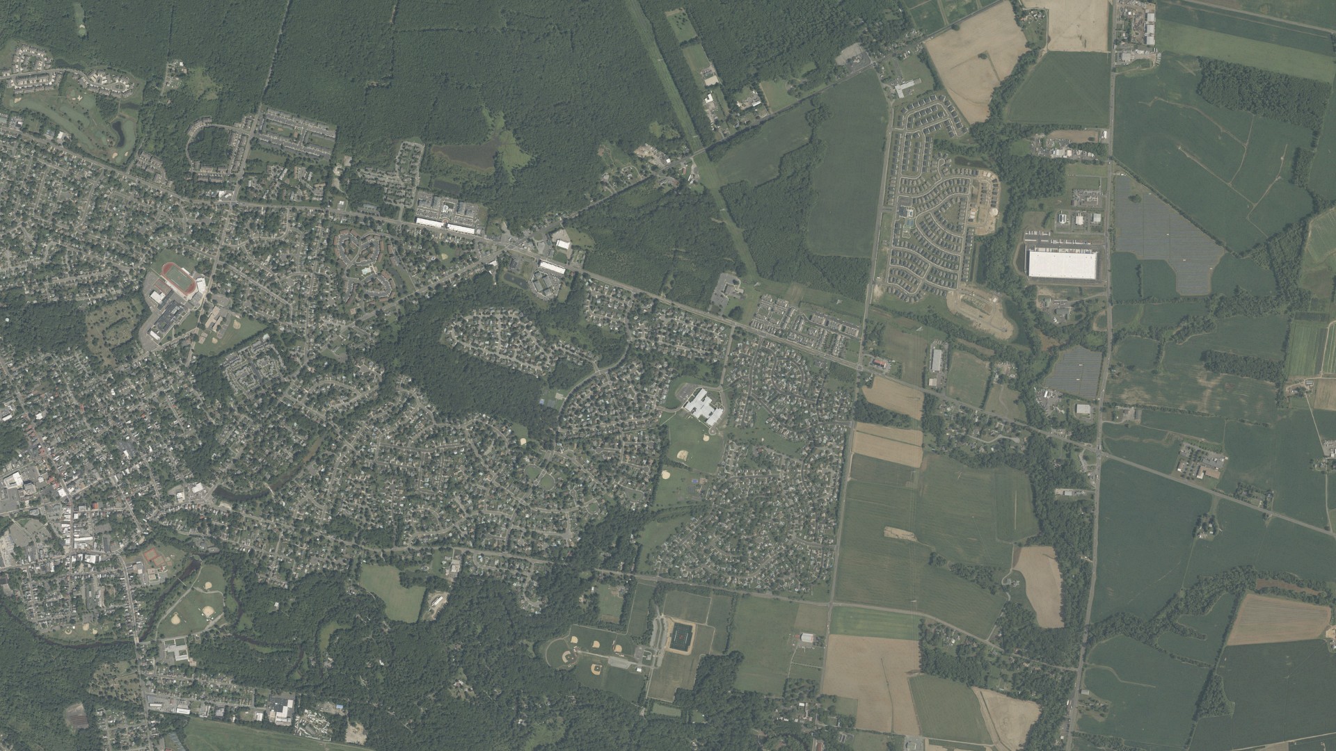 Natural-color aerial photograph of land around Eastampton, New Jersey