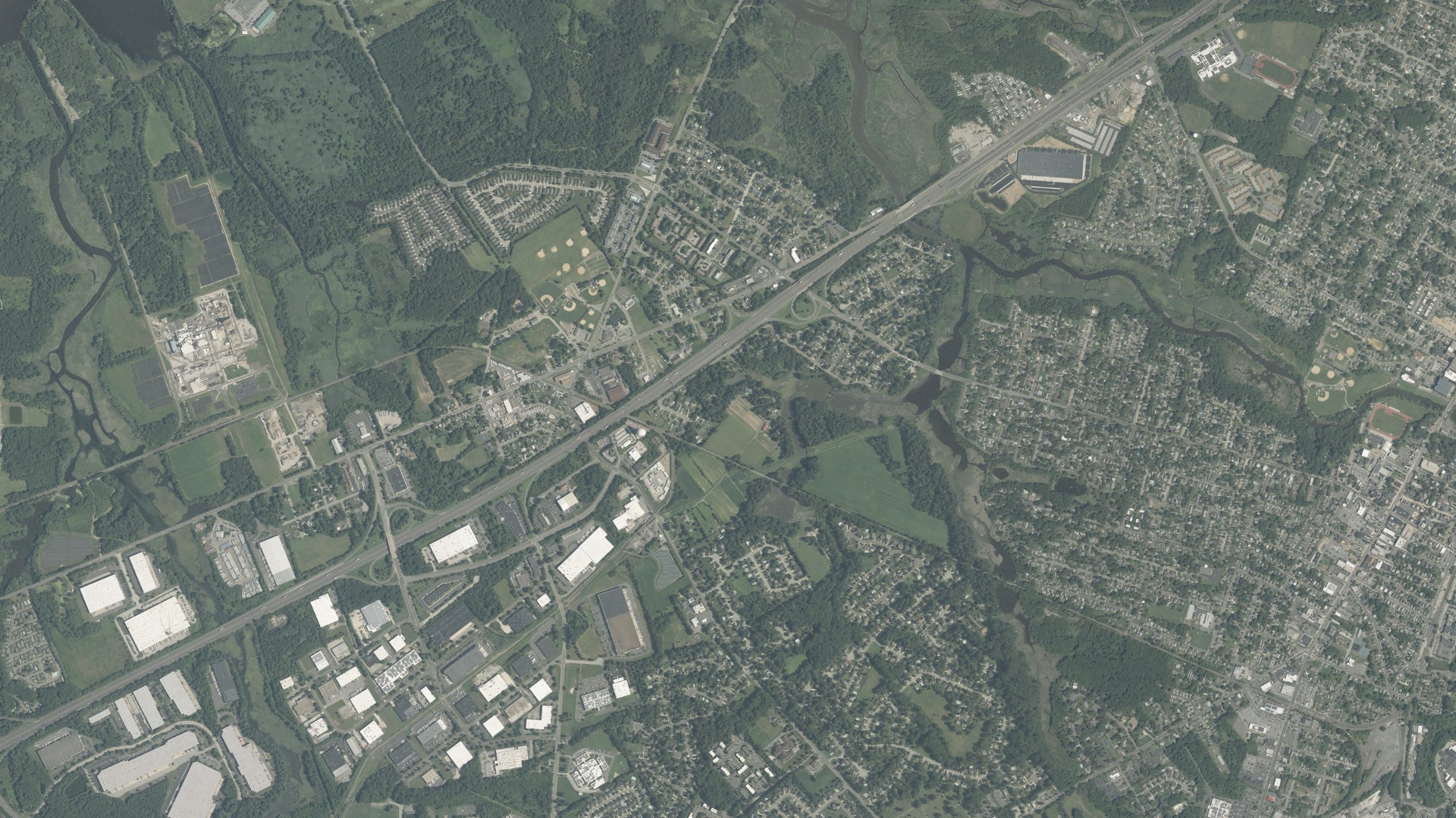 Natural-color aerial photograph of land around West Deptford, New Jersey