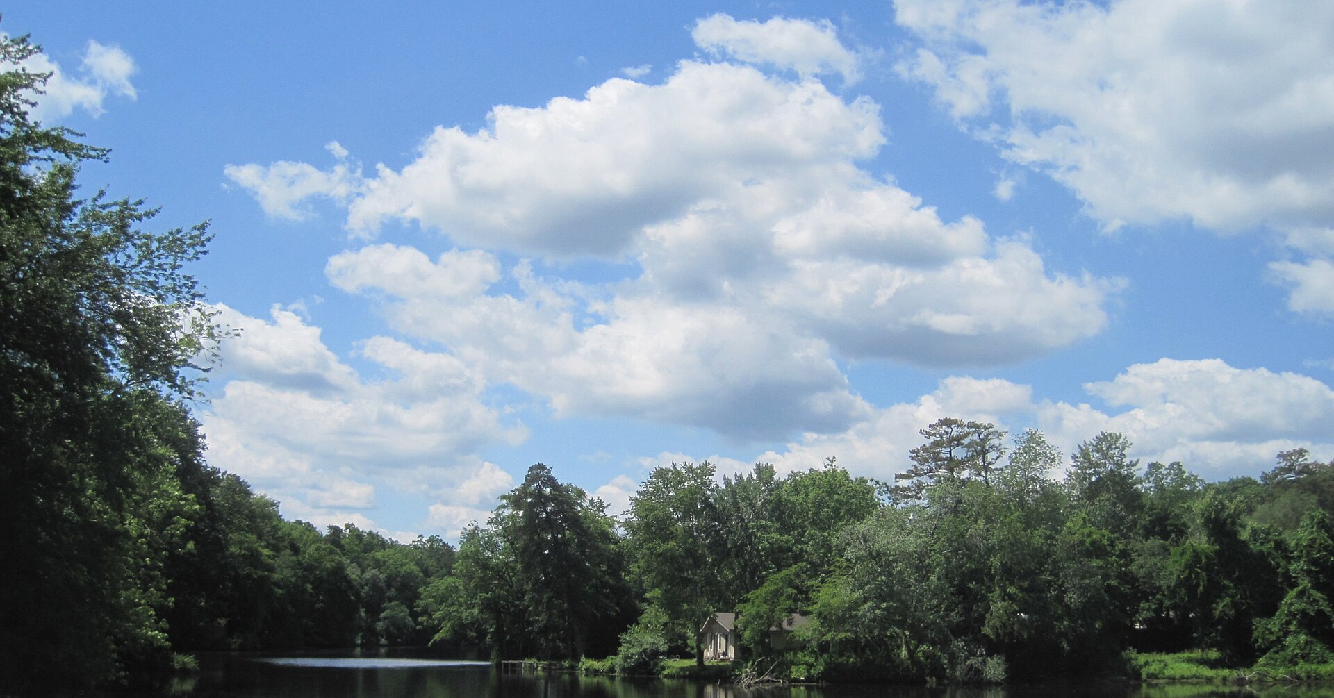 Photo of the unincorporated community of Browns Mills, New Jersey within Pemberton Township. Photo taken on Bayberry Street (County Route 667) looking south onto Big Pine Lake.