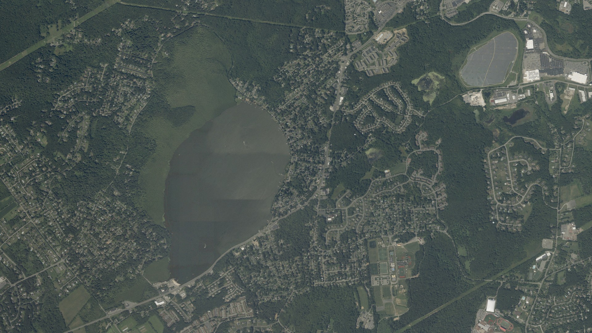 Natural-color aerial photograph of land around Budd Lake, New Jersey