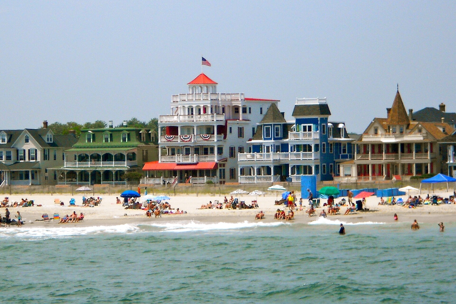Houses on Beach Avenue in Cape May (city), New Jersey. Photo taken from the sea. In Cape May Historic District listed as a National Historic Landmark district.