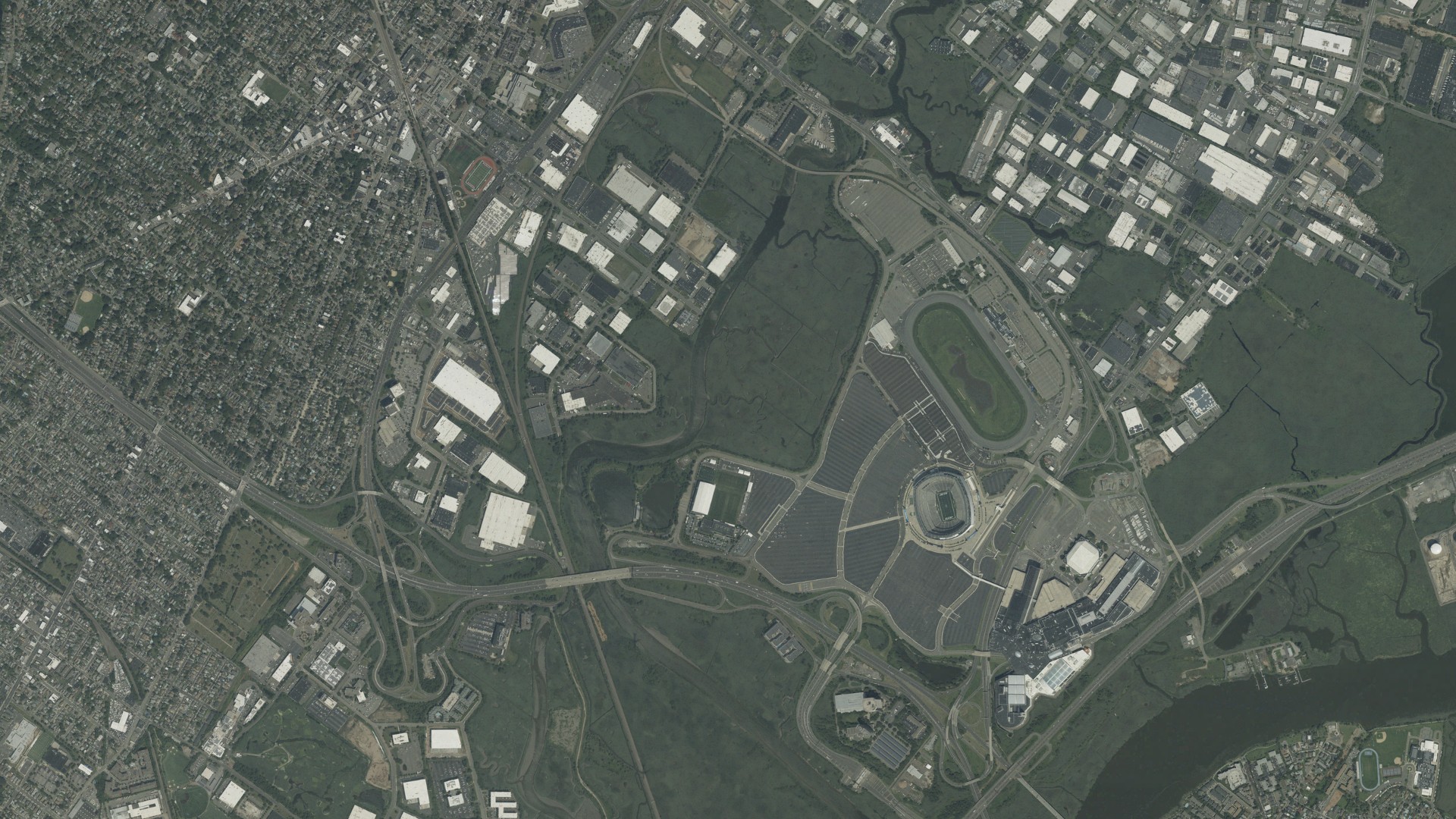 Natural-color aerial photograph of land around East Rutherford, New Jersey