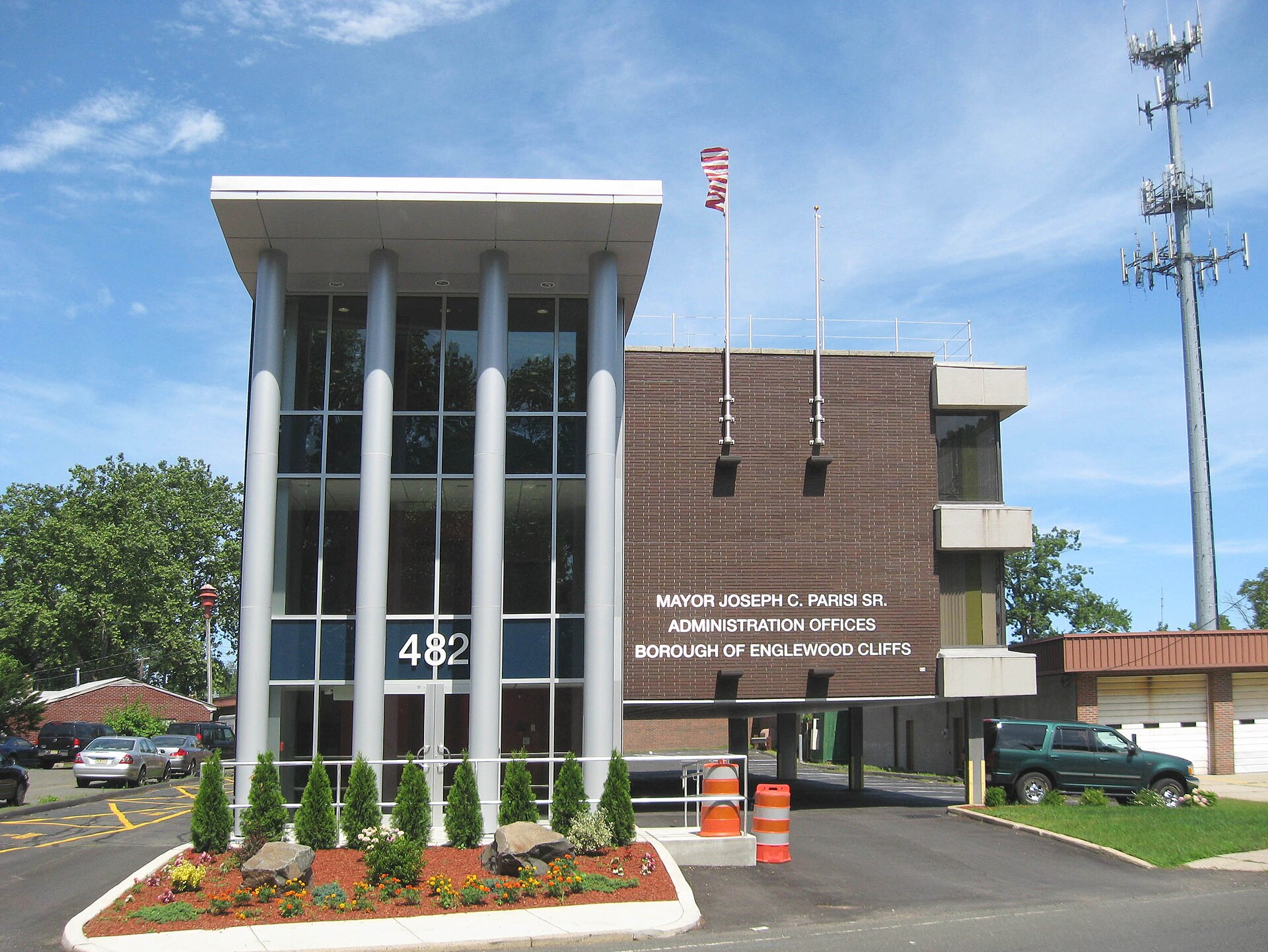 Looking northwest at Englewood Cliffs, New Jersey municipal building (police, etc) on a sunny late morning.