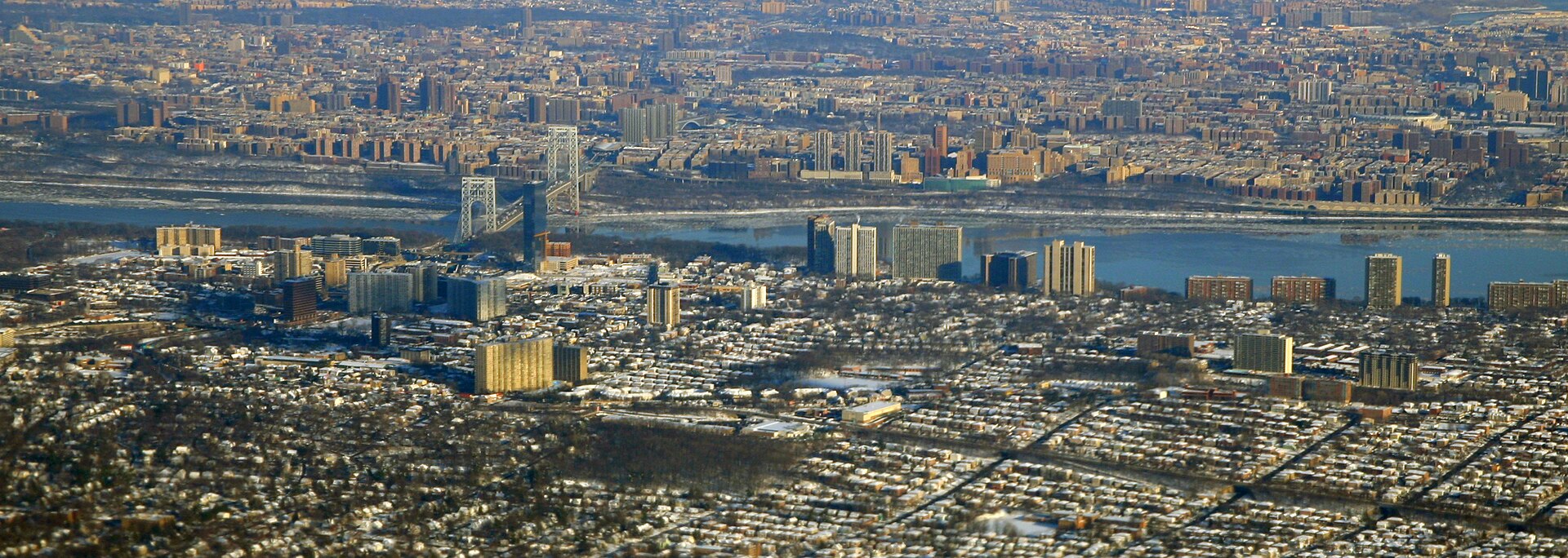 Aerial image of Fort Lee, New Jersey looking east to Hudson River and Upper Manhattan
