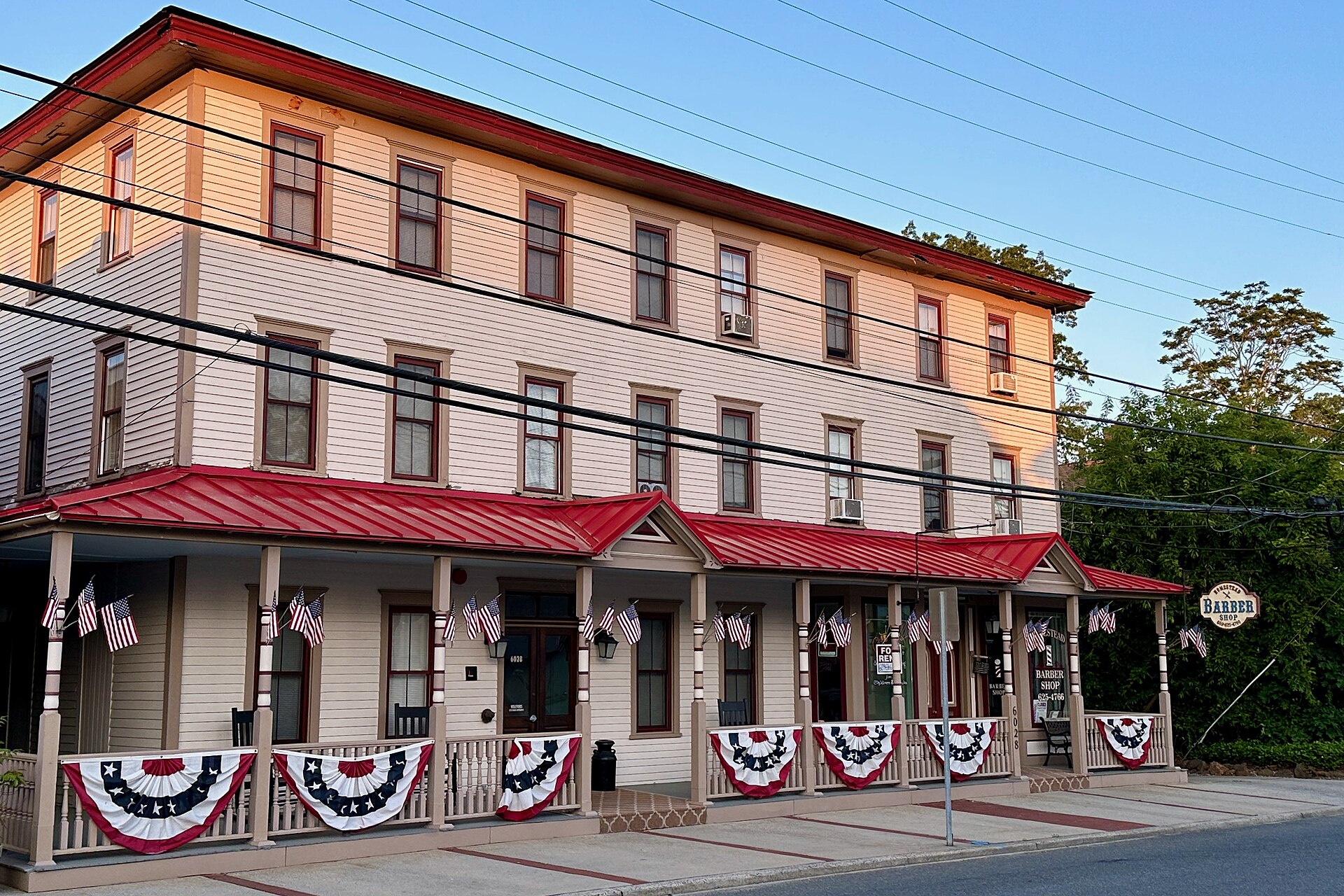 The former Coleman Mansion, Jackson House, The Homestead, Madison Hotel, and Central Hotel on Main Street in Mays Landing, New Jersey.